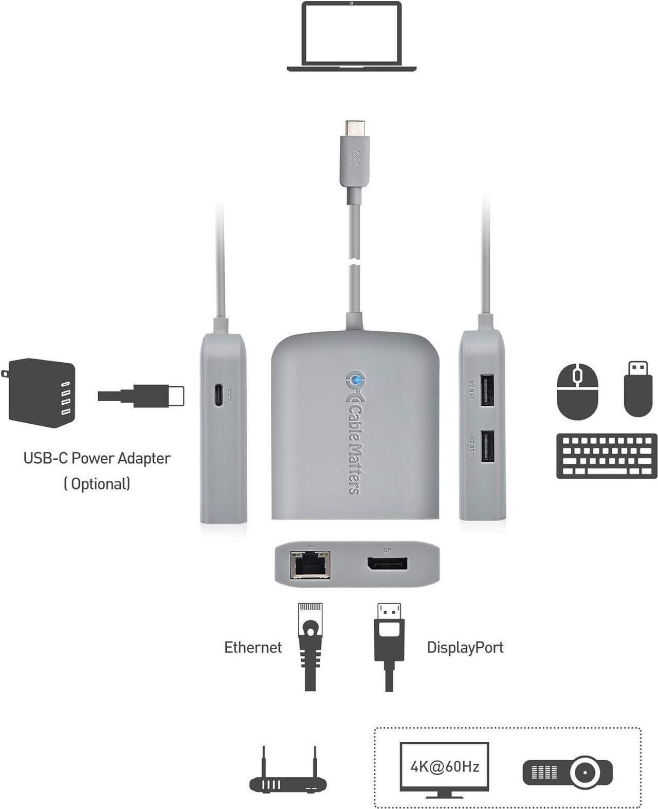 Alt view image 6 of 7 - [Works with Chromebook Certified] Cable Matters USB C Hub Multiport Adapter with 4K DisplayPort, 2X USB 2.0, 100Mbps Fast Ethernet, and 60W PD