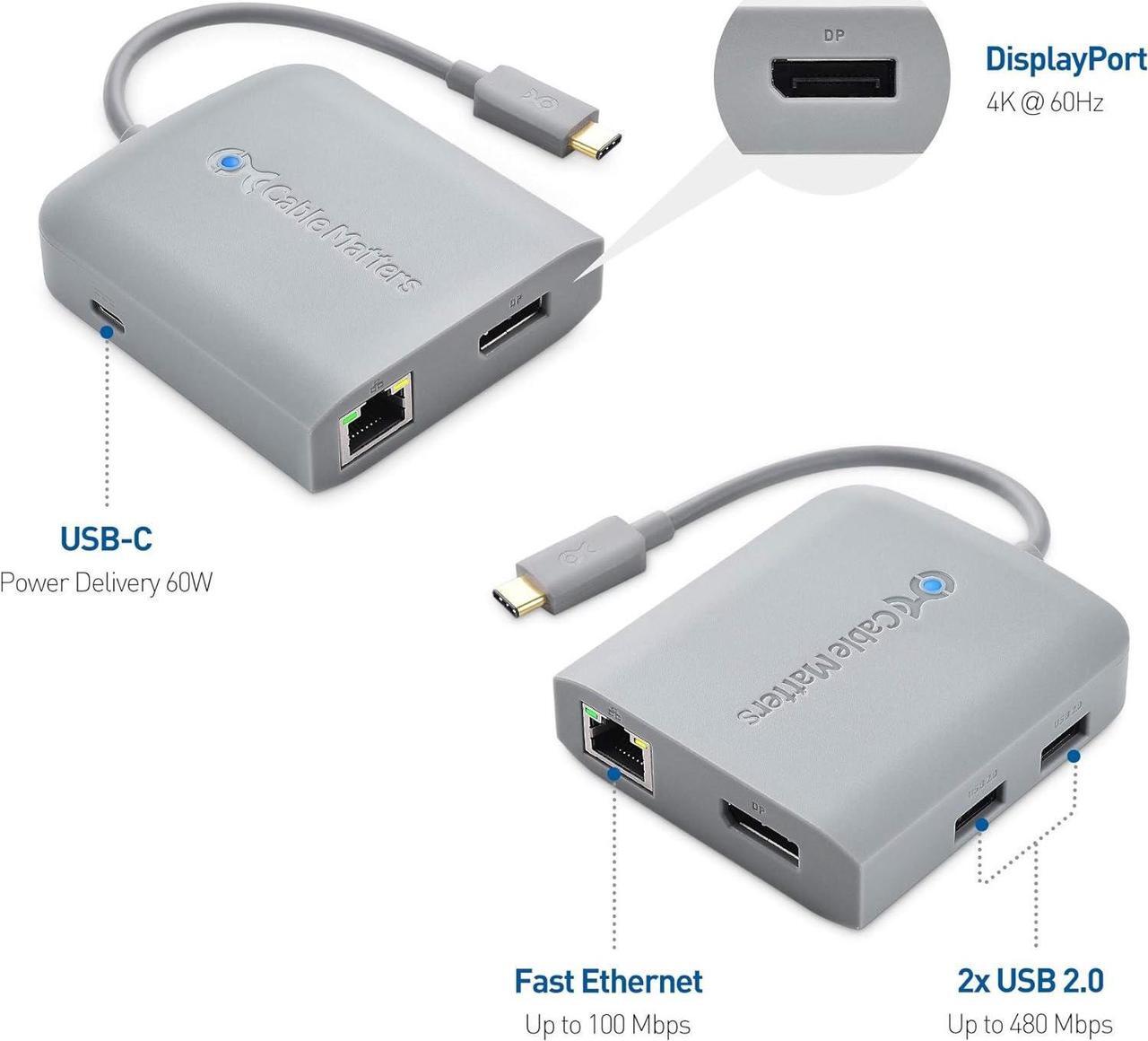 Alt view image 2 of 7 - [Works with Chromebook Certified] Cable Matters USB C Hub Multiport Adapter with 4K DisplayPort, 2X USB 2.0, 100Mbps Fast Ethernet, and 60W PD