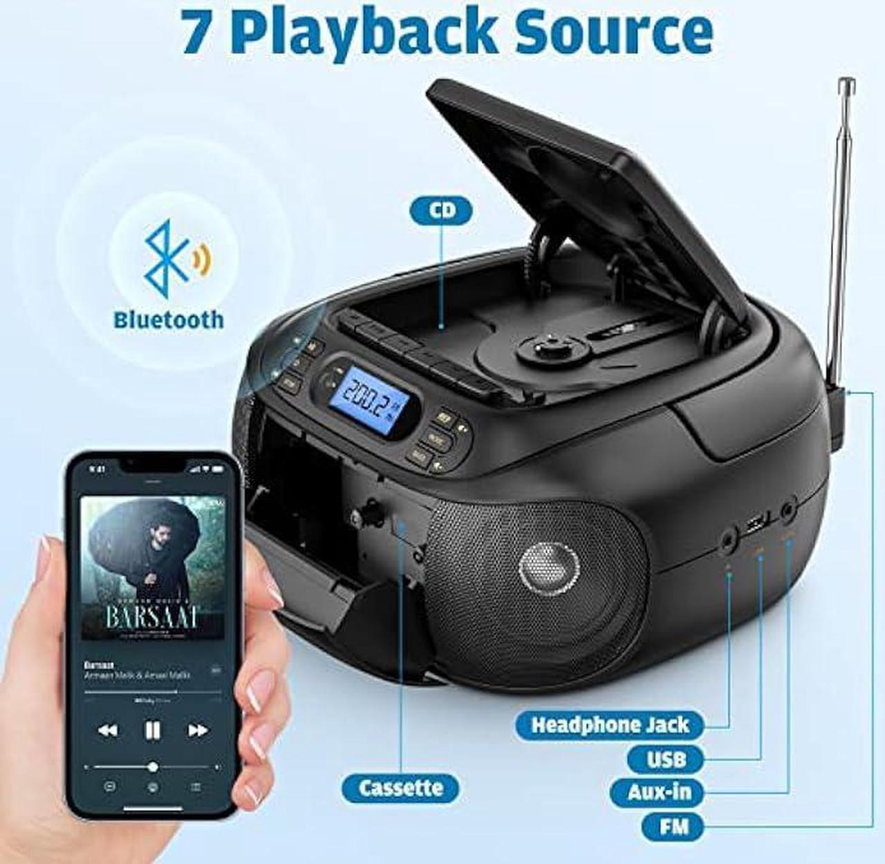 Alt view image 2 of 6 - CD Cassette Player Combo, Hernpark Rechargeable Boombox with Bluetooth 5.1, Tape Recording, FM Radio, Super Bass, Stereo Sound, Aux/USB Drive, Headphones Jack, Boom Box for Indoor Outdoor