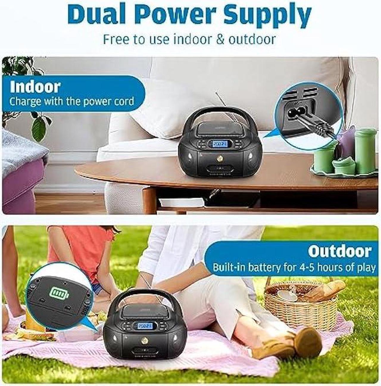 Alt view image 3 of 6 - CD Cassette Player Combo, Hernpark Rechargeable Boombox with Bluetooth 5.1, Tape Recording, FM Radio, Super Bass, Stereo Sound, Aux/USB Drive, Headphones Jack, Boom Box for Indoor Outdoor