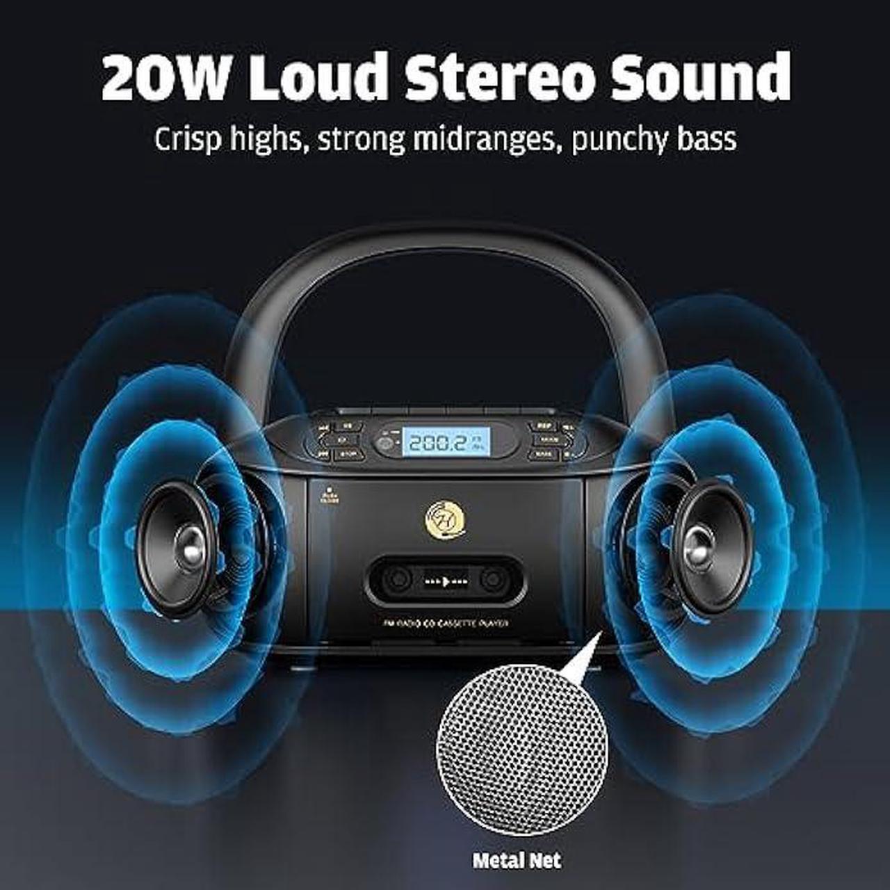 Alt view image 4 of 6 - CD Cassette Player Combo, Hernpark Rechargeable Boombox with Bluetooth 5.1, Tape Recording, FM Radio, Super Bass, Stereo Sound, Aux/USB Drive, Headphones Jack, Boom Box for Indoor Outdoor
