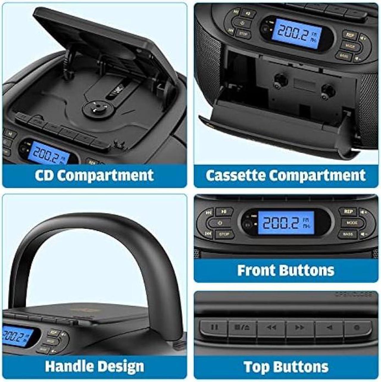 Alt view image 5 of 6 - CD Cassette Player Combo, Hernpark Rechargeable Boombox with Bluetooth 5.1, Tape Recording, FM Radio, Super Bass, Stereo Sound, Aux/USB Drive, Headphones Jack, Boom Box for Indoor Outdoor
