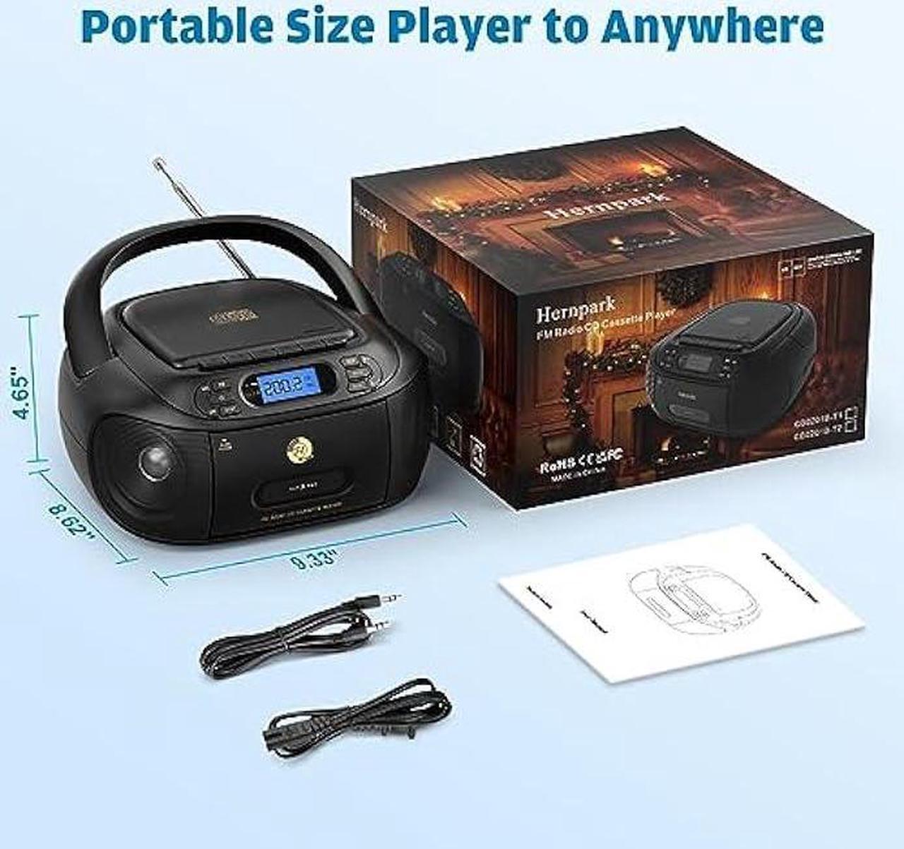 Alt view image 6 of 6 - CD Cassette Player Combo, Hernpark Rechargeable Boombox with Bluetooth 5.1, Tape Recording, FM Radio, Super Bass, Stereo Sound, Aux/USB Drive, Headphones Jack, Boom Box for Indoor Outdoor