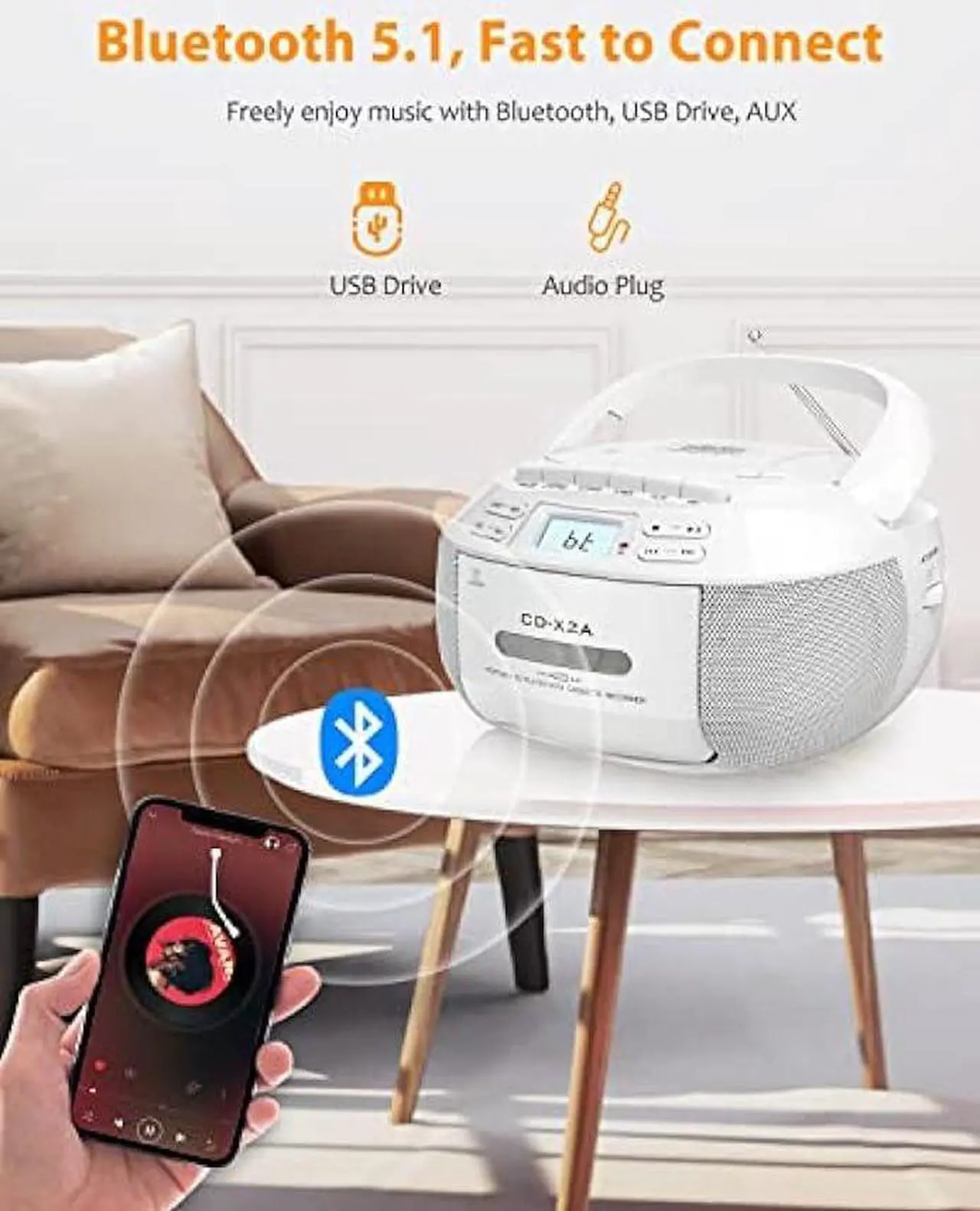 Alt view image 4 of 6 - Greadio CD Player Boombox Cassette Player Combo with Bluetooth,AM/FM Radio,Stereo Sound with Remote Control,AUX/USB Drive,Tape Recording,AC/DC Powered,Headphone Jack,LCD Display for Home,Kids,Gift