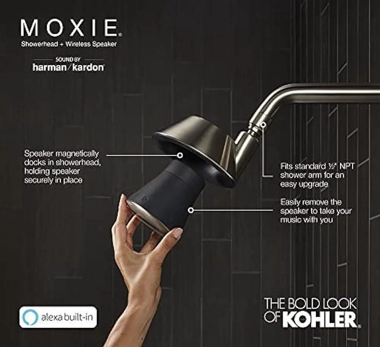Alt view image 3 of 6 - KOHLER Moxie Alexa Enabled Showerhead, Bluetooth Shower Speaker, Shower Radio, Rechargeable Speaker, Portable Speaker, 1.75 GPM, K-28238-GKA-CP, Polished Chrome
