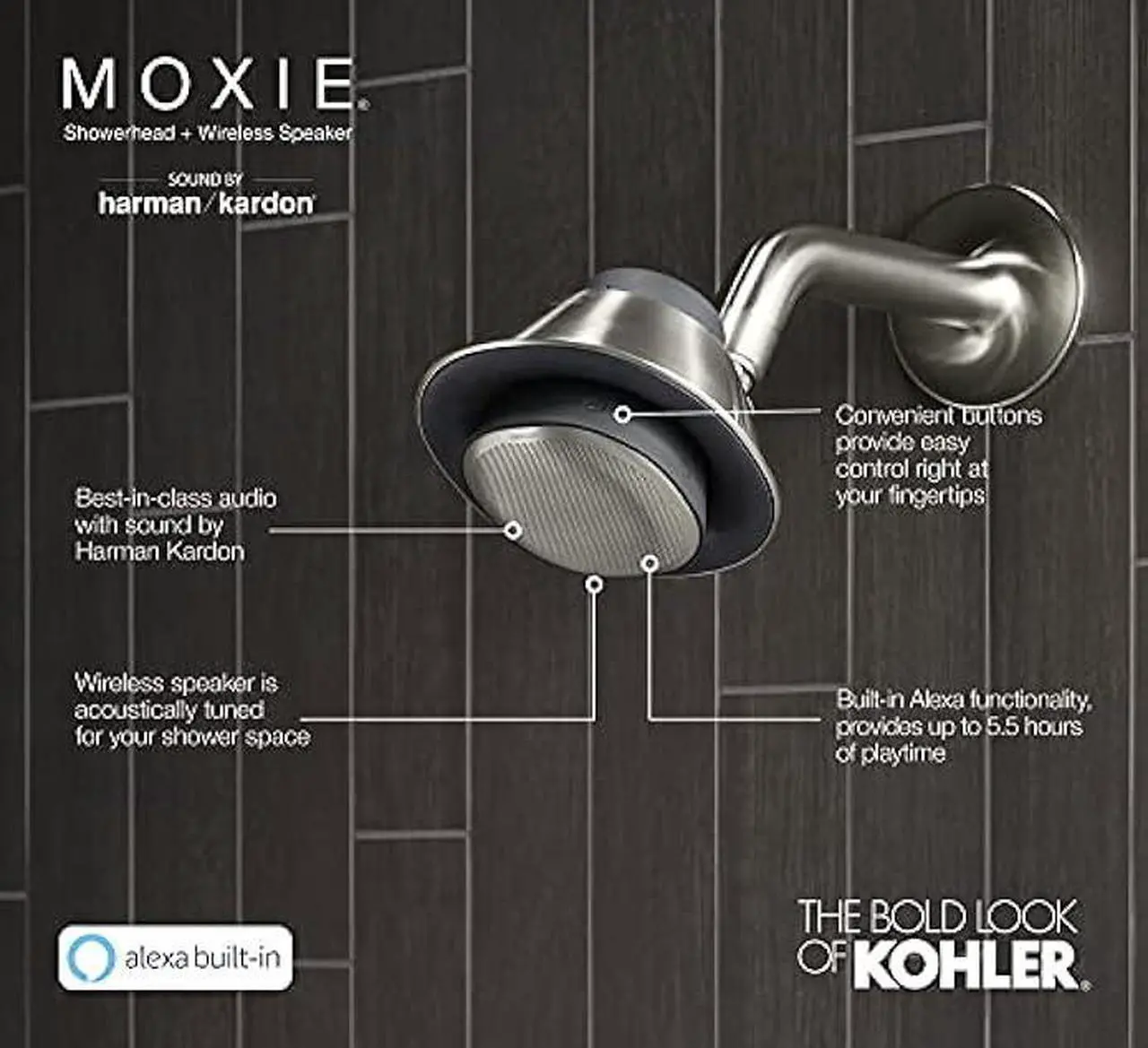 Alt view image 4 of 6 - KOHLER Moxie Alexa Enabled Showerhead, Bluetooth Shower Speaker, Shower Radio, Rechargeable Speaker, Portable Speaker, 1.75 GPM, K-28238-GKA-CP, Polished Chrome