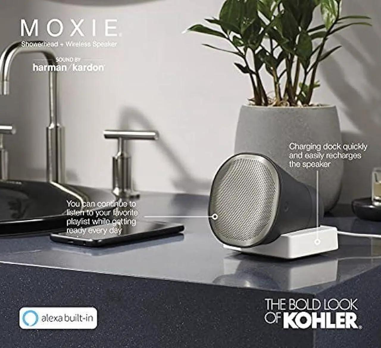 Alt view image 6 of 6 - KOHLER Moxie Alexa Enabled Showerhead, Bluetooth Shower Speaker, Shower Radio, Rechargeable Speaker, Portable Speaker, 1.75 GPM, K-28238-GKA-CP, Polished Chrome