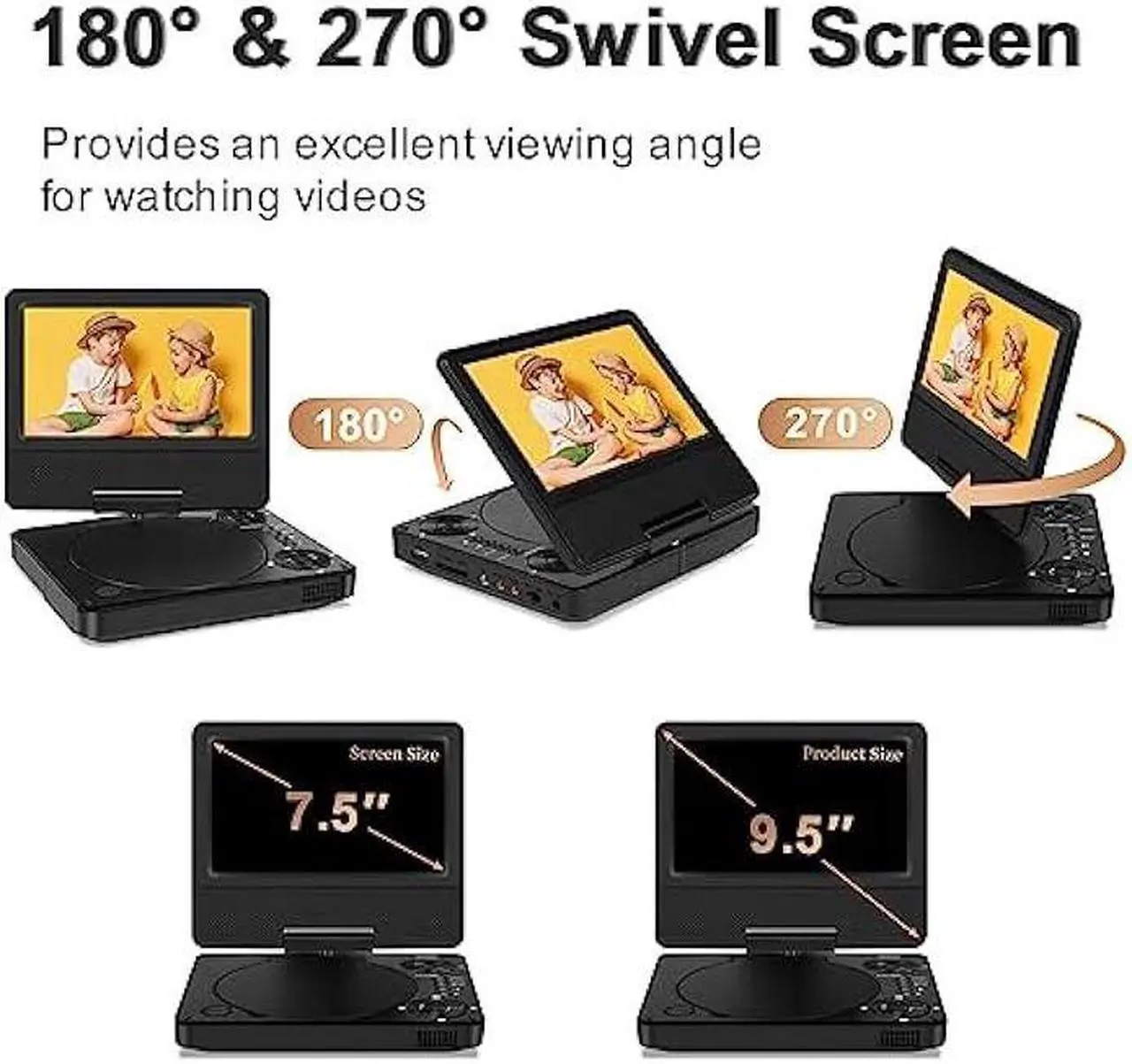 Alt view image 2 of 7 - Jekero 9.5 Portable DVD Player with 7.5 Swivel Display Screen, 5-Hour Built-in Rechargeable Battery, Car DVD Player for Kids and Car, Dual Speakers, Sync TV, Support SD Card/USB/Disc Regions Free