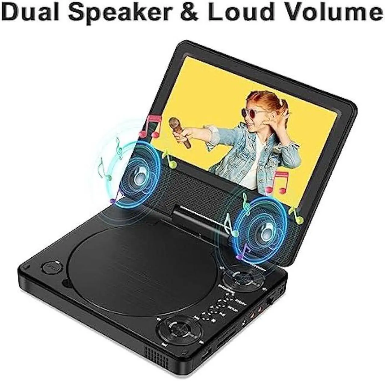 Alt view image 3 of 7 - Jekero 9.5 Portable DVD Player with 7.5 Swivel Display Screen, 5-Hour Built-in Rechargeable Battery, Car DVD Player for Kids and Car, Dual Speakers, Sync TV, Support SD Card/USB/Disc Regions Free