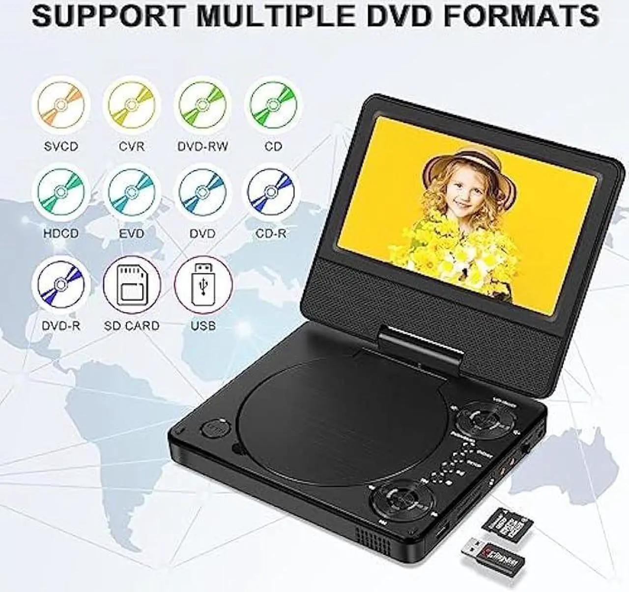 Alt view image 6 of 7 - Jekero 9.5 Portable DVD Player with 7.5 Swivel Display Screen, 5-Hour Built-in Rechargeable Battery, Car DVD Player for Kids and Car, Dual Speakers, Sync TV, Support SD Card/USB/Disc Regions Free