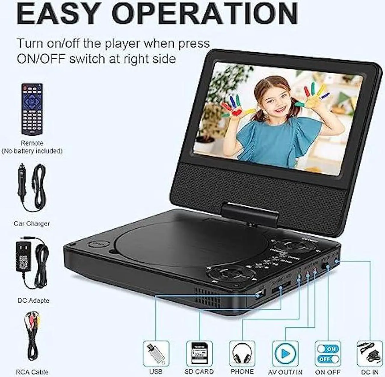 Alt view image 7 of 7 - Jekero 9.5 Portable DVD Player with 7.5 Swivel Display Screen, 5-Hour Built-in Rechargeable Battery, Car DVD Player for Kids and Car, Dual Speakers, Sync TV, Support SD Card/USB/Disc Regions Free