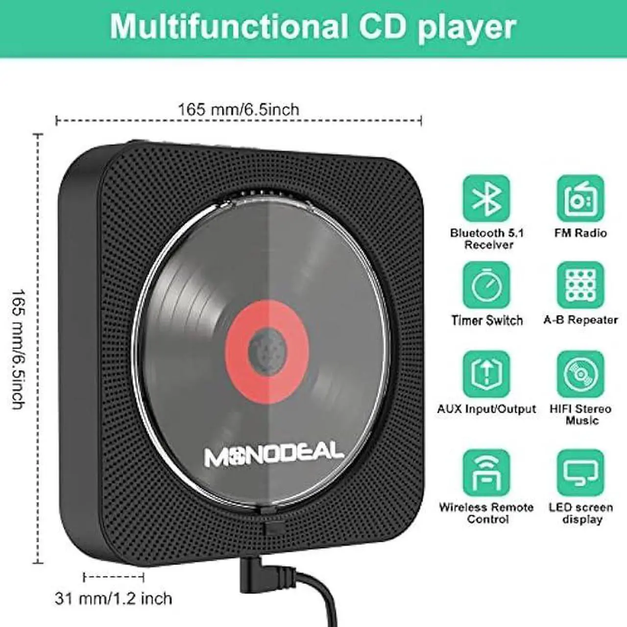 Alt view image 3 of 6 - Portable CD Player with BT,MONODEAL Wall Mounted BT CD Player with Built-in Dual Speakers,CD Player for Car with AUX Input Output,Support Display cd Play Mode at Night