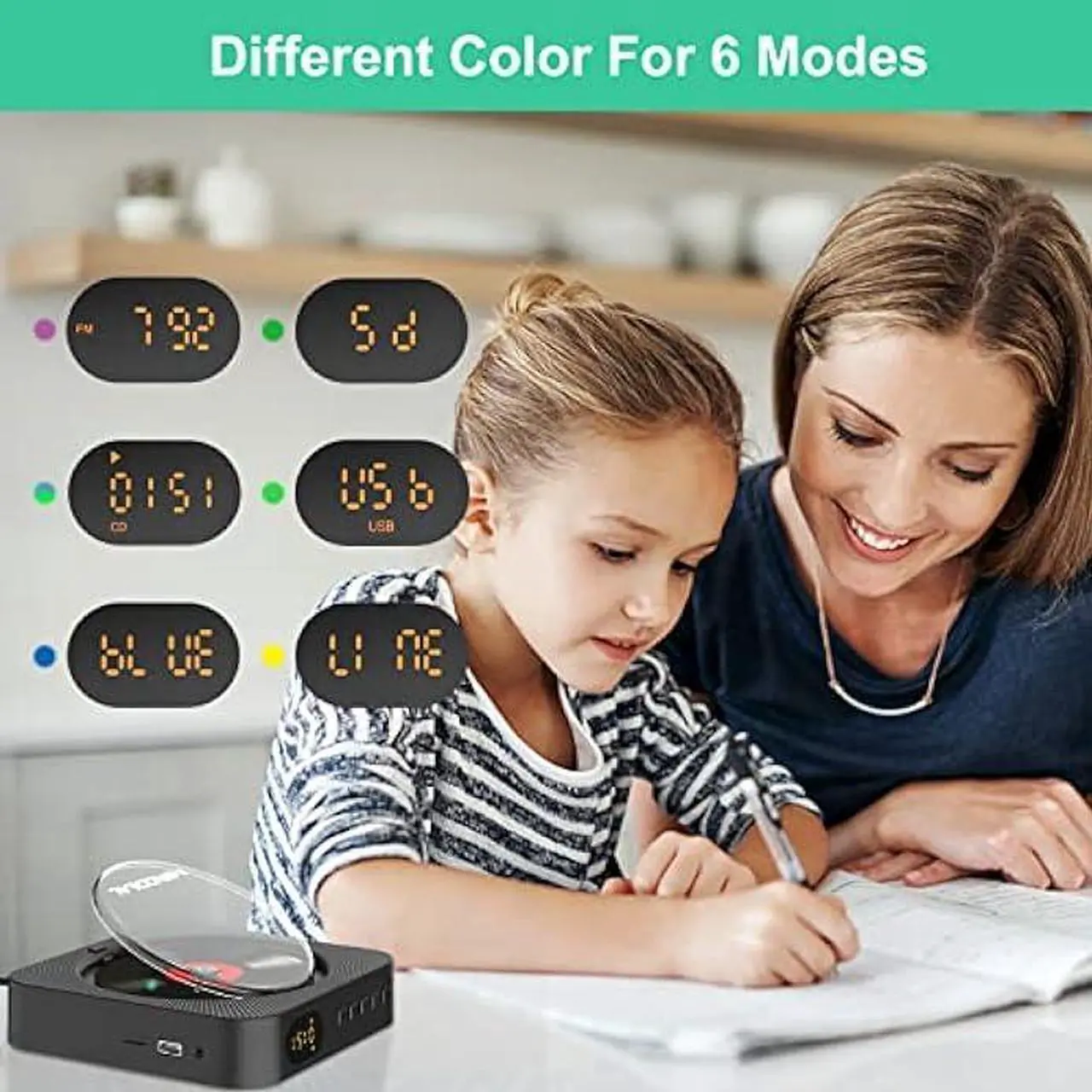 Alt view image 4 of 6 - Portable CD Player with BT,MONODEAL Wall Mounted BT CD Player with Built-in Dual Speakers,CD Player for Car with AUX Input Output,Support Display cd Play Mode at Night