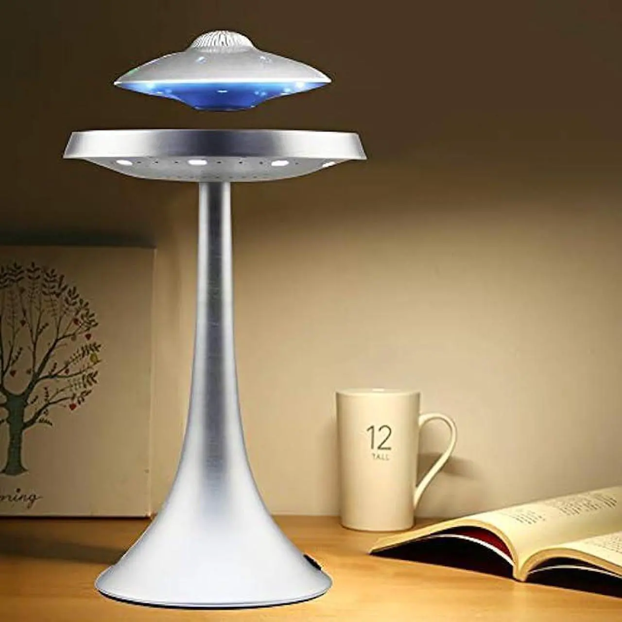 Alt view image 5 of 6 - Levitating Floating Speaker, Magnetic UFO Bluetooth Speaker V4.0 , LED Lamp Bluetooth Speaker with 5W Stereo Sound , Wireless Charge, 360 Degree Rotation , for Home /Office Decor ,Unique Gifts(Sliver)
