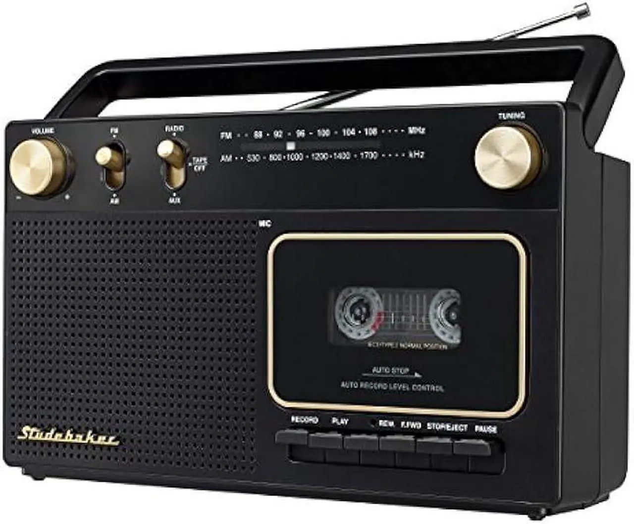 Main image of Studebaker Portable Retro Home Audio Stereo AM/FM Radio & Cassette Player/Recorder with Aux Input Jack & Built in Speakers (Gold)
