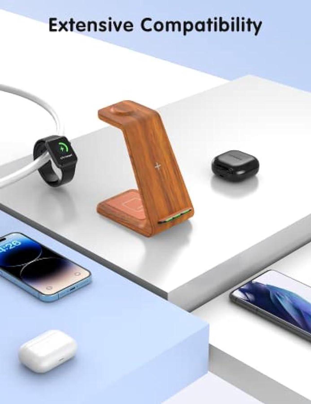Alt view image 2 of 6 - Wireless Charging Station, Wireless Charger Stand, 3 in 1 Charging Station for Apple iPhone 15/14/13/12/11/SE/X/8 Series, for Apple Watch Ultra/9/8/SE/7/6/5/4/3, for AirPods Pro 2/3/2, Wood Pattern