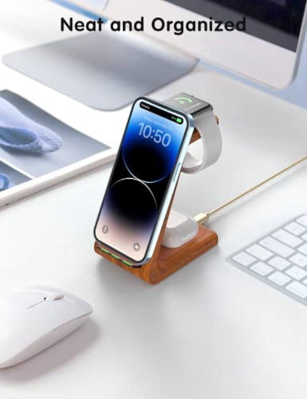 Alt view image 3 of 6 - Wireless Charging Station, Wireless Charger Stand, 3 in 1 Charging Station for Apple iPhone 15/14/13/12/11/SE/X/8 Series, for Apple Watch Ultra/9/8/SE/7/6/5/4/3, for AirPods Pro 2/3/2, Wood Pattern