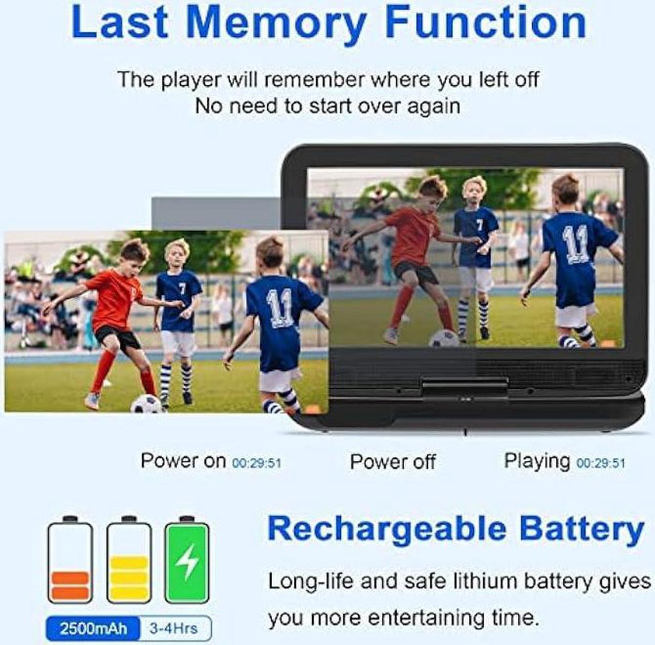 Alt view image 3 of 7 - YOOHOO 12.5 Portable DVD Player with 10.1 HD Swivel Screen, 4H Rechargeable Battery, Support USB/SD Card/Discs/Sync TV, Regions Free, Dual Stereo Speakers, Last Memory, Car Charger, Remote Control