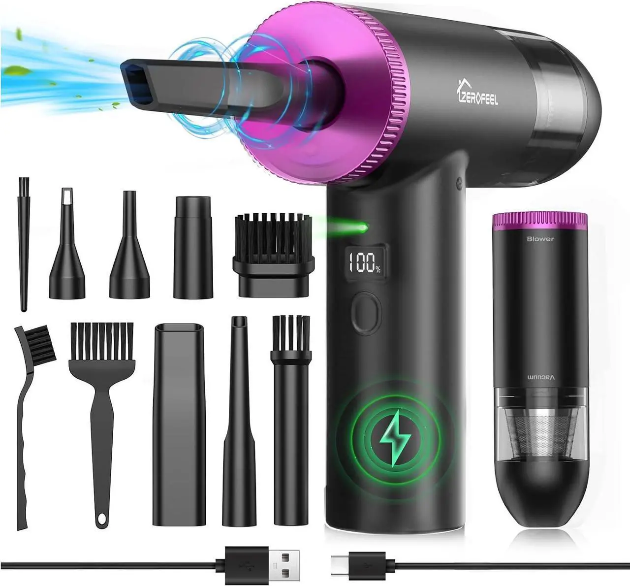 Main image of ZEROFEEL Compressed-Air-Duster-Keyboard-Cleaner- 110000RPM Electric Air Duster Vacuum Cleaner 2 in 1- No Canned Air Blower- Replaces Compressed Air Can for PC Computer BBQ Car with Power Display
