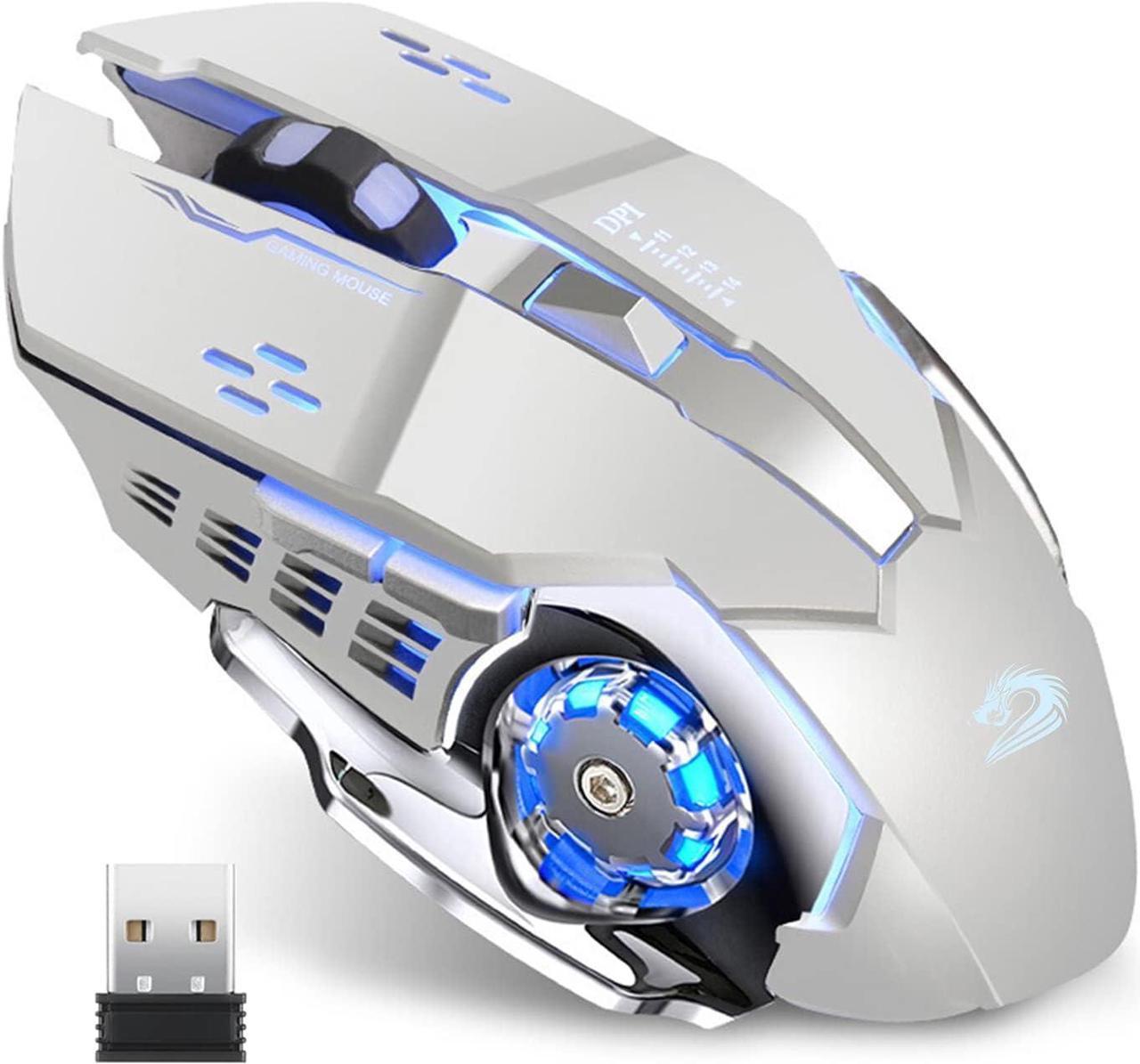 Uciefy Q85 Rechargeable Wireless Gaming Mouse, 2.4G LED Optical Silent Wireless Computer Mouse with 4 LED Light, 3 Adjustable DPI, Ergonomic Design, Auto Sleeping (Silver)