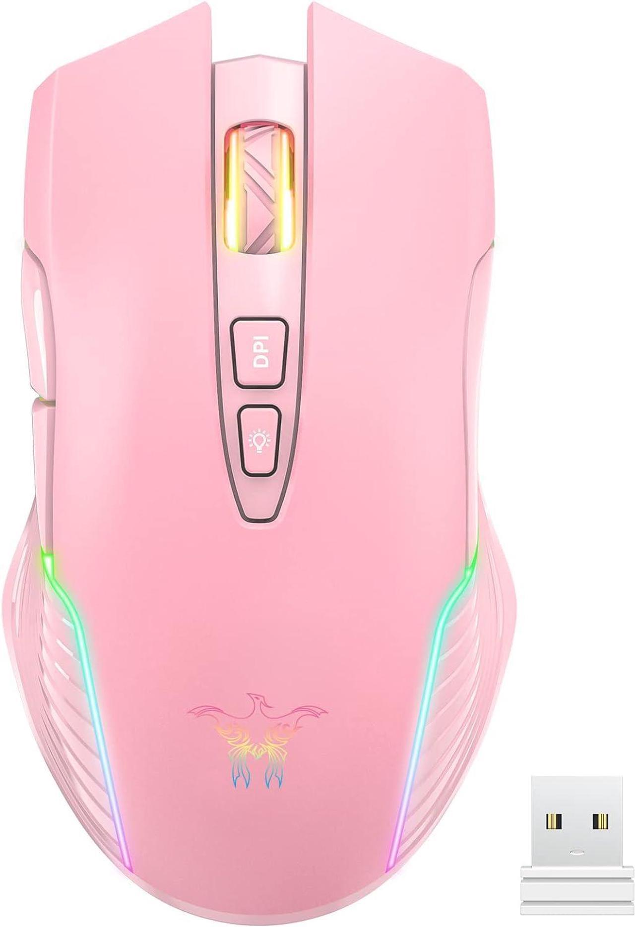 RGB Wireless Gaming Mouse, Pink, Rechargeable, Ergonomic Design, Adjustable DPI, Compatible with Windows, Mac