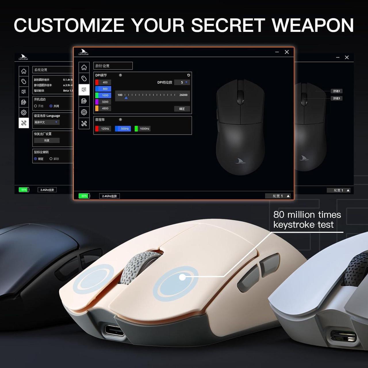 Alt view image 6 of 6 - Darmoshark M3 Wireless Gaming Mouse,Tri-Mode 2.4G/USB-C/Bluetooth Mouse Up to 26000DPI,PAW3395 optical sensor Lightweight 58g,8 programmable button 500MAh Battery Life,Computer Mouse for Laptop,PC,Mac