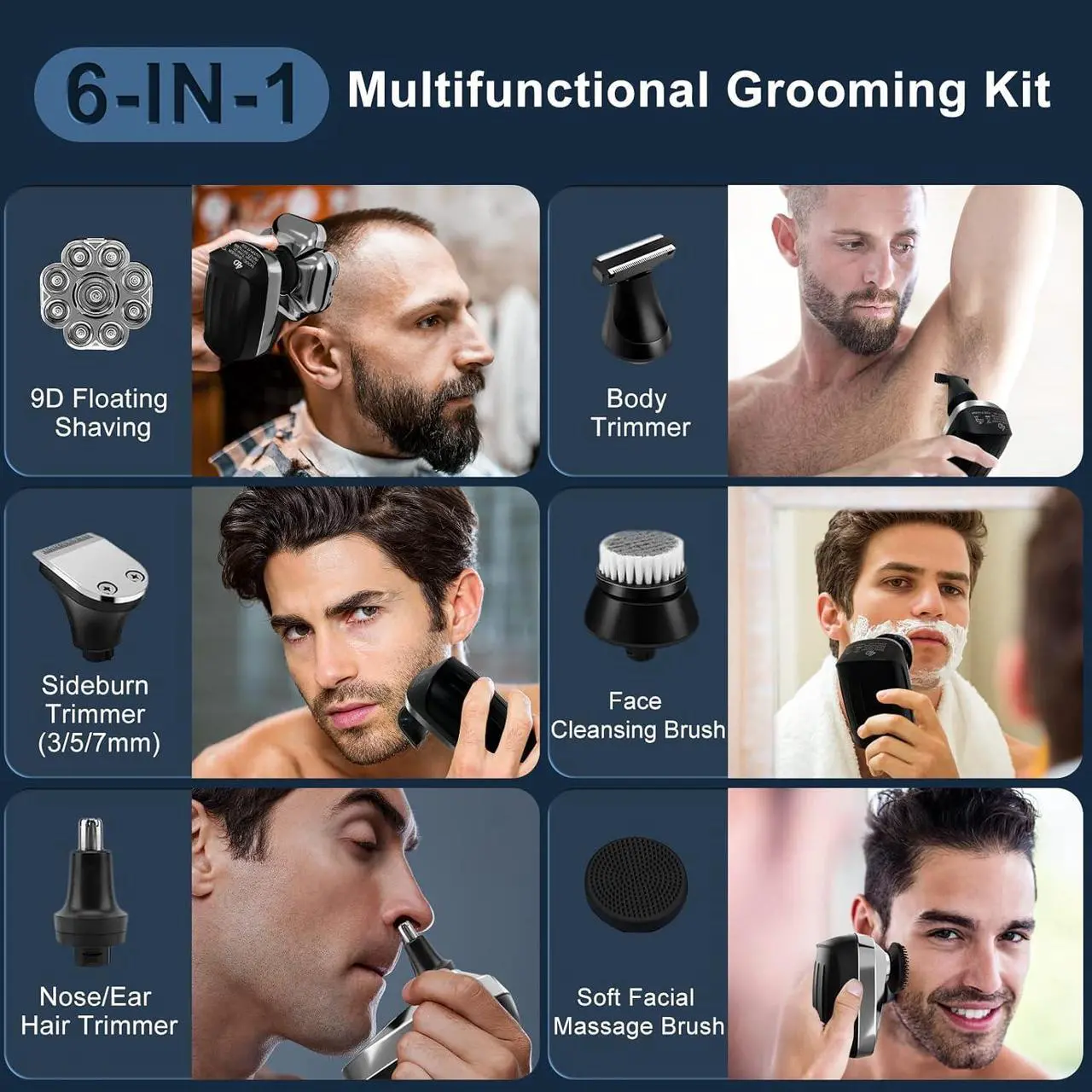 Alt view image 2 of 7 - Head Shaver for Bald Men, 6 in 1 Electric Shavers IPX6 Waterproof Mens Electric Razor with LED Display, Wet/Dry Mens Grooming Kit, Rechargeable Rotary Shaver Multifunctional Beard Hair Trimmer