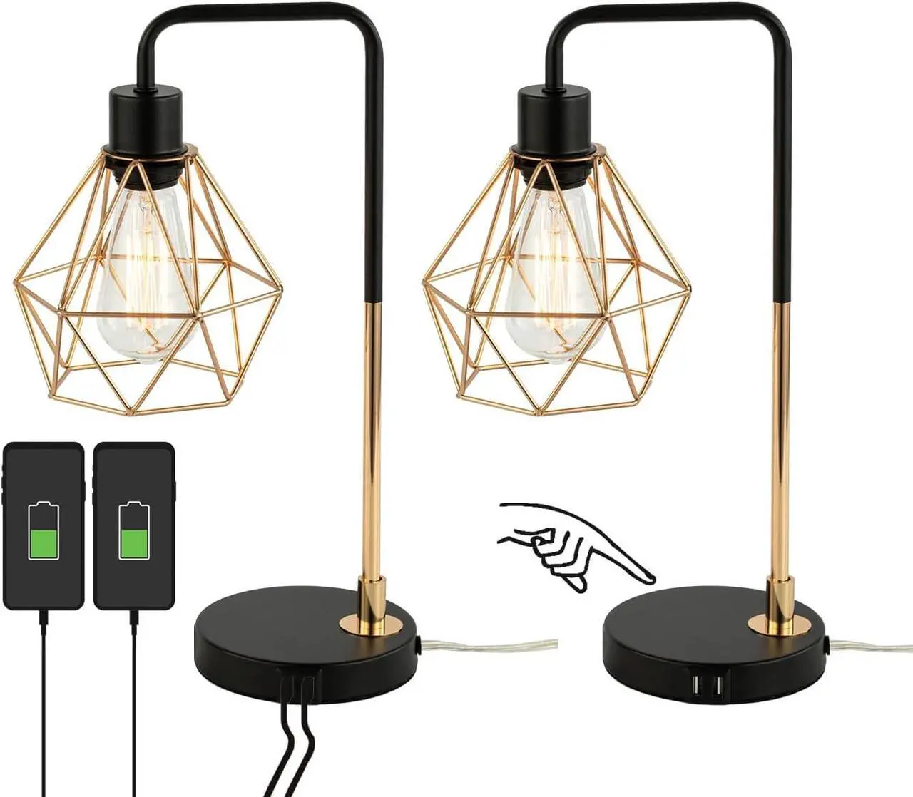 Main image of COTULIN Set of 2 Touch Control Black Gold Table Lamp,Modern Industrial Desk Lamp with 2 USB Charging Ports,3-Way Dimmable Bedside Nightstand Cage Reading Lamp for Bedroom Living Room Office Study