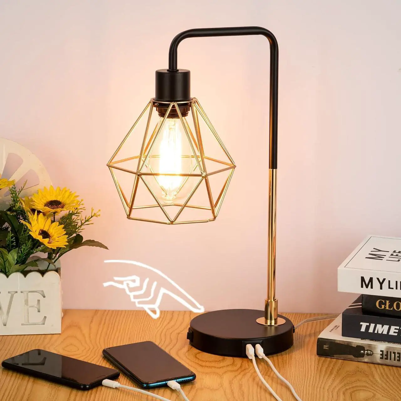 Alt view image 2 of 7 - COTULIN Set of 2 Touch Control Black Gold Table Lamp,Modern Industrial Desk Lamp with 2 USB Charging Ports,3-Way Dimmable Bedside Nightstand Cage Reading Lamp for Bedroom Living Room Office Study