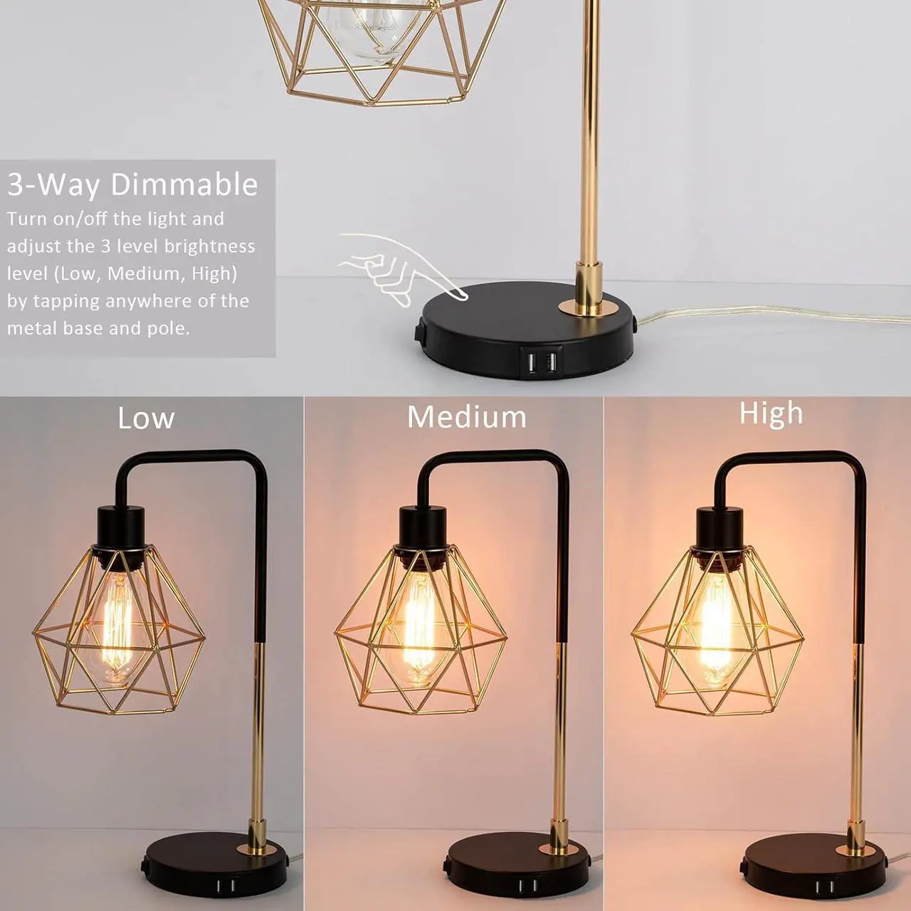 Alt view image 3 of 7 - COTULIN Set of 2 Touch Control Black Gold Table Lamp,Modern Industrial Desk Lamp with 2 USB Charging Ports,3-Way Dimmable Bedside Nightstand Cage Reading Lamp for Bedroom Living Room Office Study