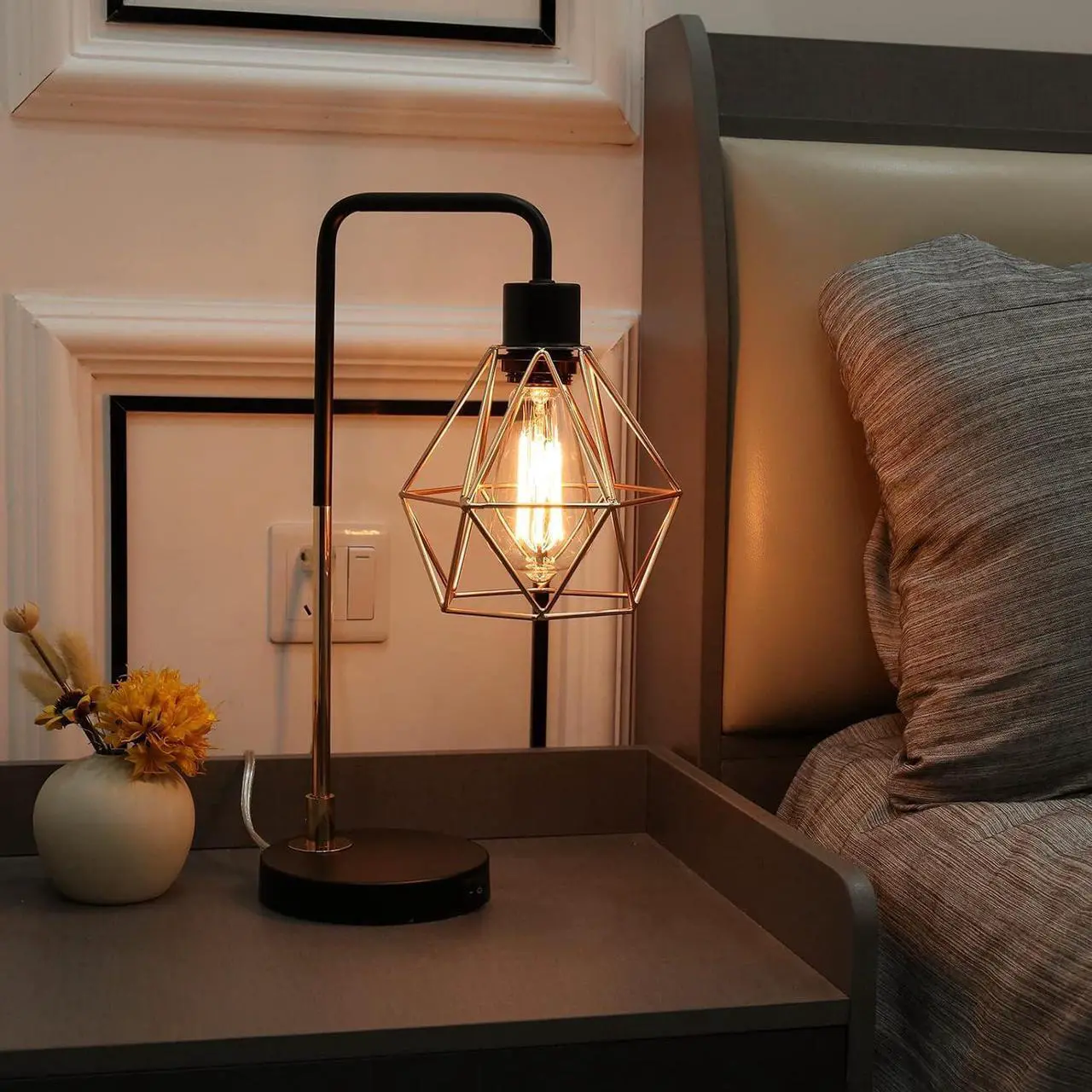 Alt view image 6 of 7 - COTULIN Set of 2 Touch Control Black Gold Table Lamp,Modern Industrial Desk Lamp with 2 USB Charging Ports,3-Way Dimmable Bedside Nightstand Cage Reading Lamp for Bedroom Living Room Office Study