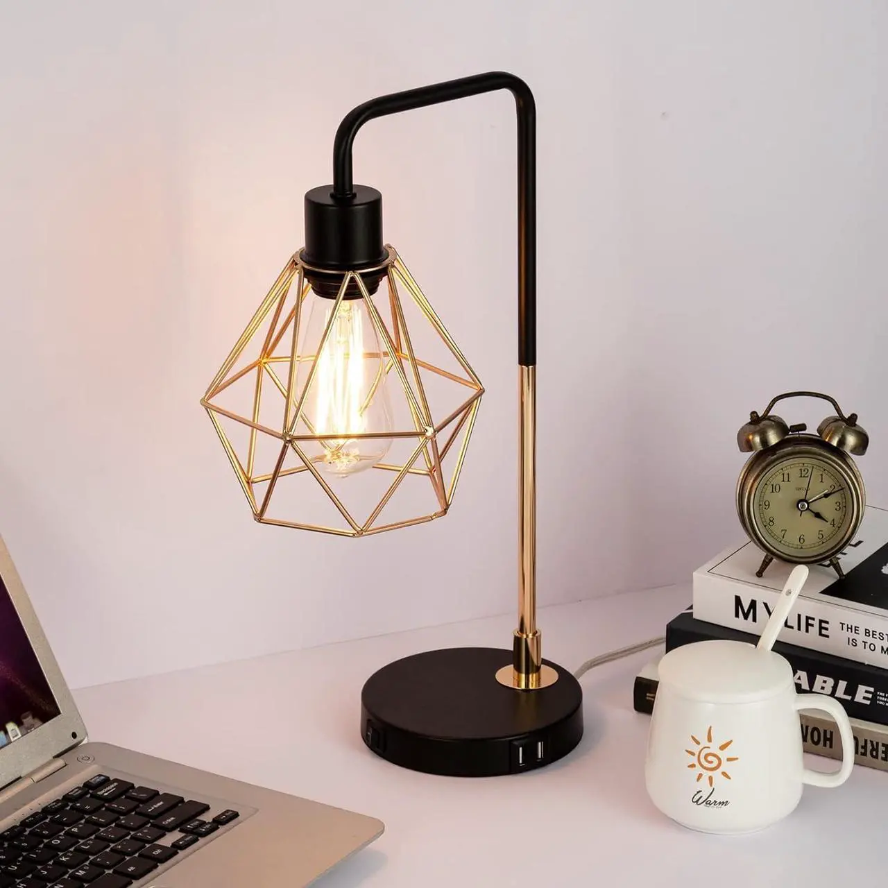 Alt view image 7 of 7 - COTULIN Set of 2 Touch Control Black Gold Table Lamp,Modern Industrial Desk Lamp with 2 USB Charging Ports,3-Way Dimmable Bedside Nightstand Cage Reading Lamp for Bedroom Living Room Office Study
