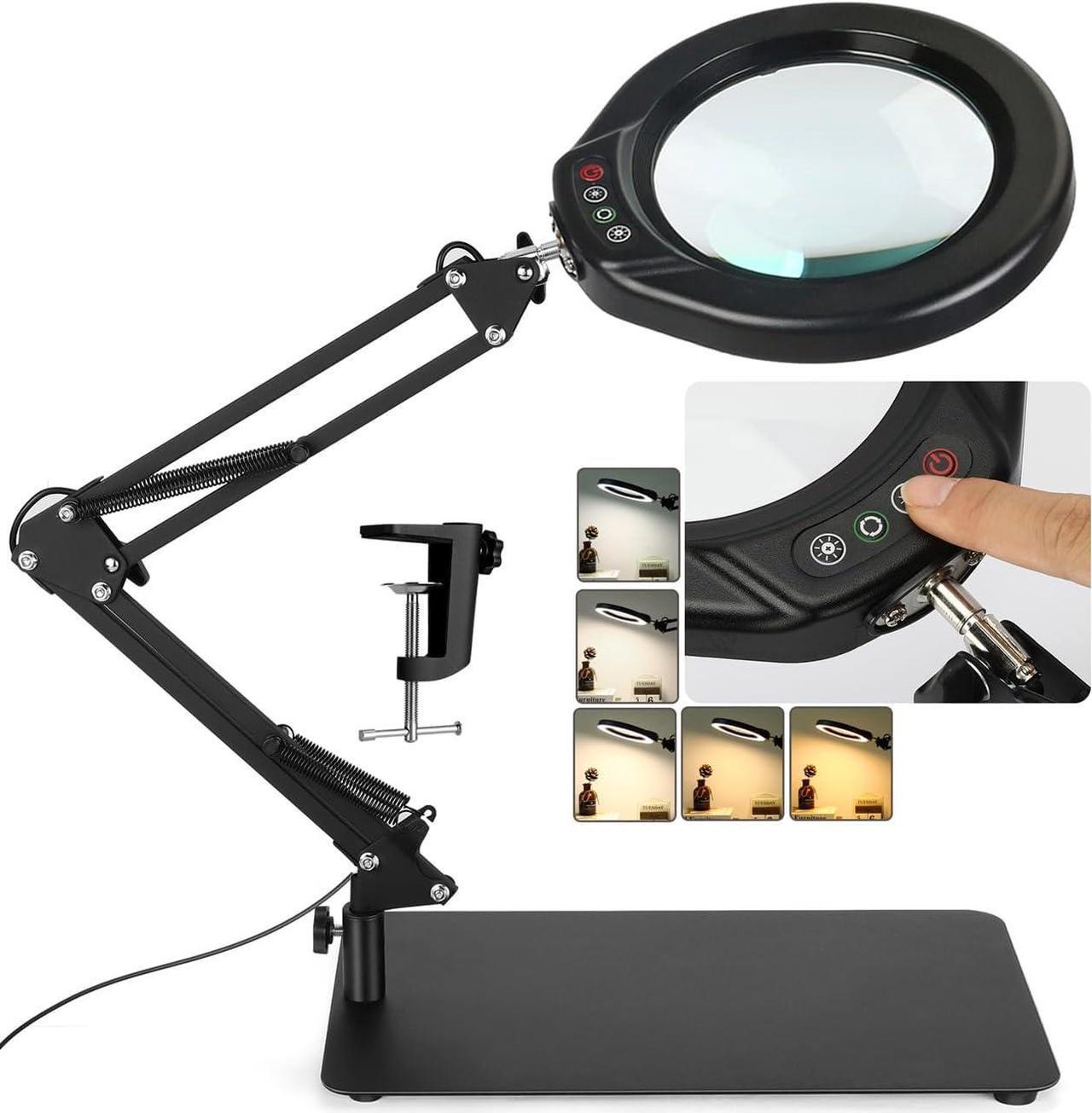 Main image of Veemagni 5 Inch Large Magnifying Glass with Light and Stand, 5 Color Modes Stepless Dimmable 10X Glass Lens, Hands Free 2-in-1 Desk Lamp & Clamp, LED Lighted Magnifier for Repair Crafts Close Work