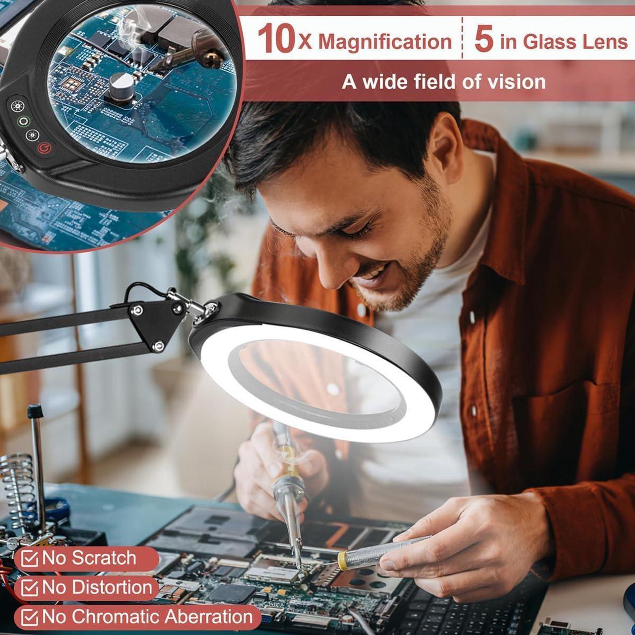 Alt view image 3 of 7 - Veemagni 5 Inch Large Magnifying Glass with Light and Stand, 5 Color Modes Stepless Dimmable 10X Glass Lens, Hands Free 2-in-1 Desk Lamp & Clamp, LED Lighted Magnifier for Repair Crafts Close Work