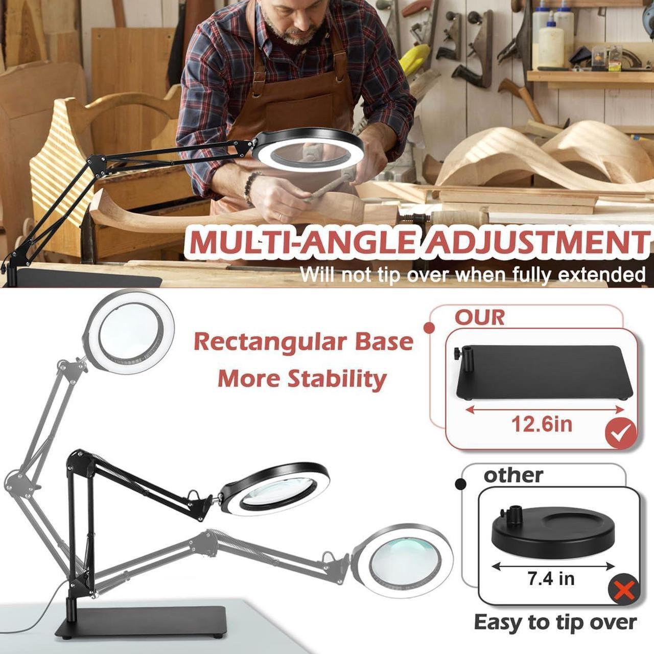 Alt view image 4 of 7 - Veemagni 5 Inch Large Magnifying Glass with Light and Stand, 5 Color Modes Stepless Dimmable 10X Glass Lens, Hands Free 2-in-1 Desk Lamp & Clamp, LED Lighted Magnifier for Repair Crafts Close Work