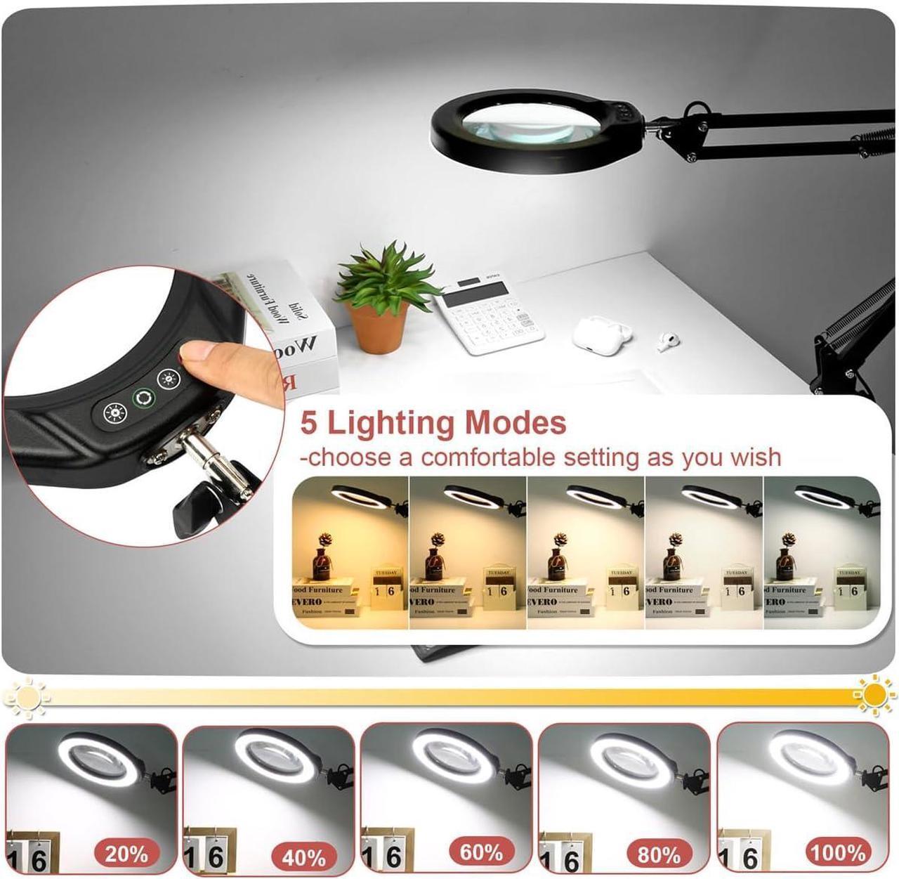 Alt view image 5 of 7 - Veemagni 5 Inch Large Magnifying Glass with Light and Stand, 5 Color Modes Stepless Dimmable 10X Glass Lens, Hands Free 2-in-1 Desk Lamp & Clamp, LED Lighted Magnifier for Repair Crafts Close Work