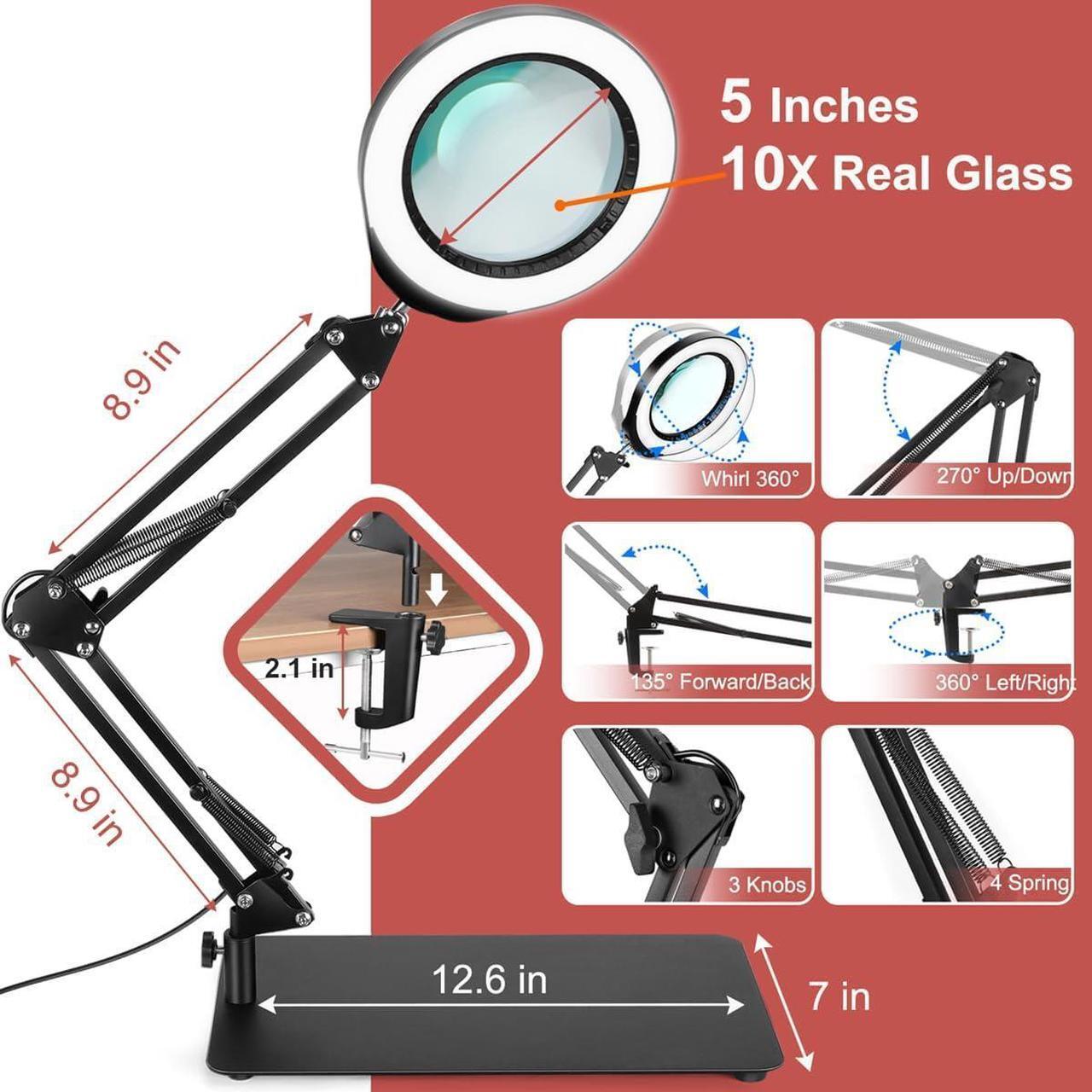 Alt view image 6 of 7 - Veemagni 5 Inch Large Magnifying Glass with Light and Stand, 5 Color Modes Stepless Dimmable 10X Glass Lens, Hands Free 2-in-1 Desk Lamp & Clamp, LED Lighted Magnifier for Repair Crafts Close Work