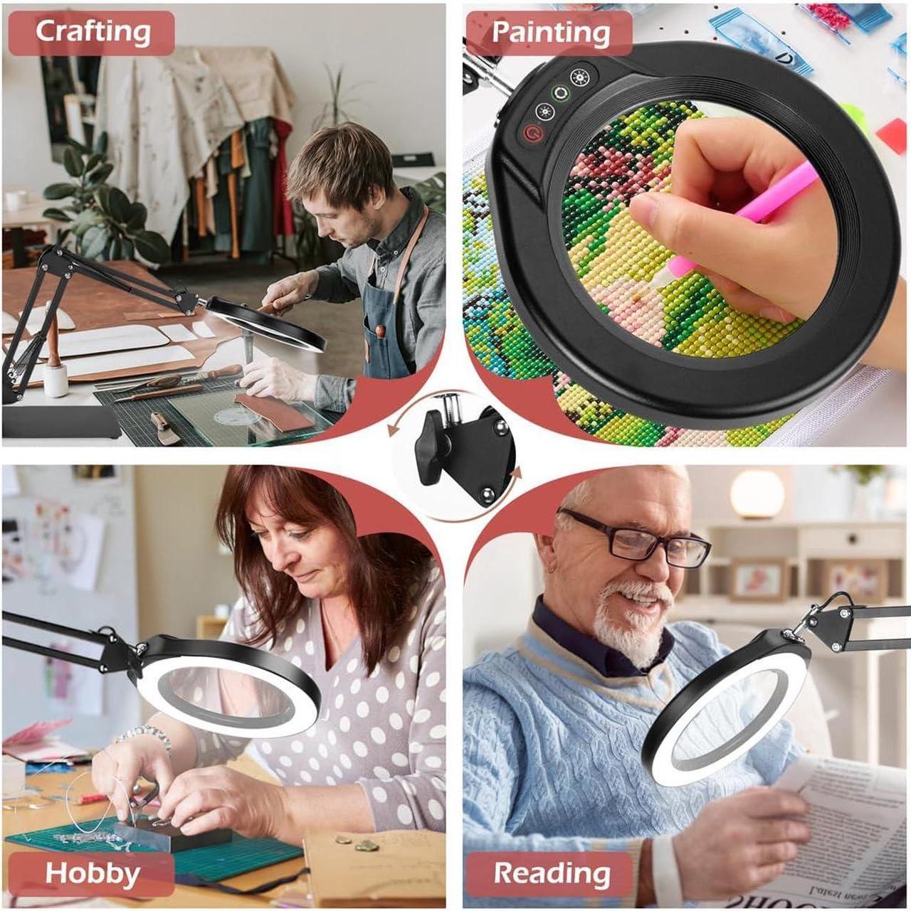 Alt view image 7 of 7 - Veemagni 5 Inch Large Magnifying Glass with Light and Stand, 5 Color Modes Stepless Dimmable 10X Glass Lens, Hands Free 2-in-1 Desk Lamp & Clamp, LED Lighted Magnifier for Repair Crafts Close Work