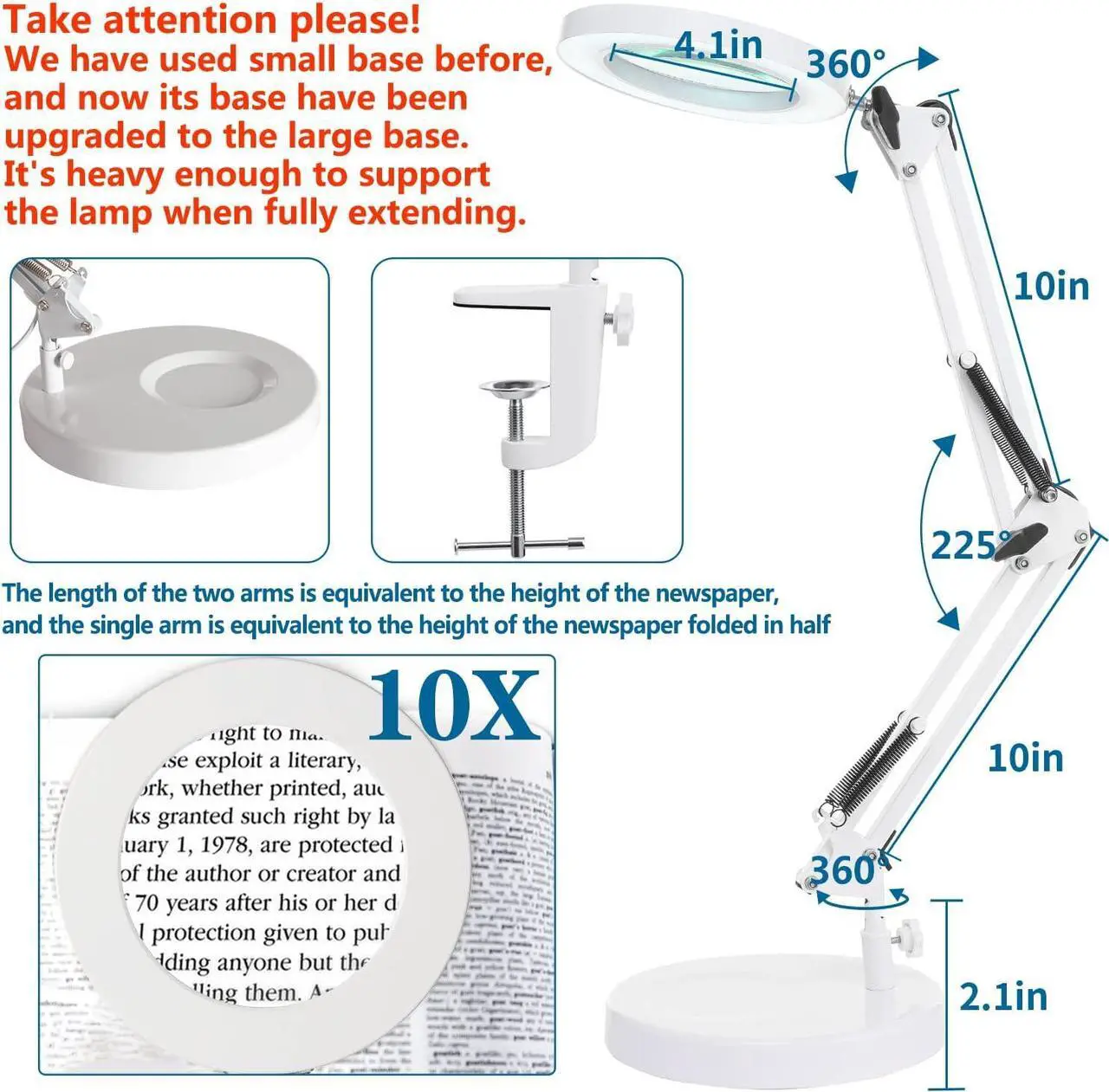 Alt view image 4 of 7 - 10X Magnifying Glass with Light, HITTI 1,800 Lumens Stepless Dimmable, 3 Color Modes, 4.2 Real Glass Lens LED Magnifying Desk Lamp & Clamp, Magnifier Light and Stand for Crafts Close Work-White