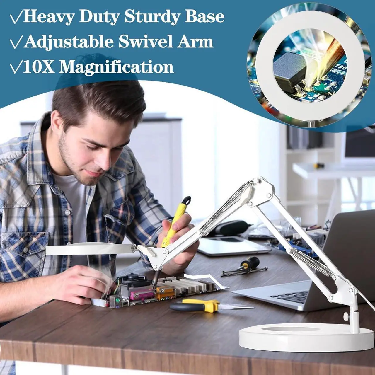 Alt view image 6 of 7 - 10X Magnifying Glass with Light, HITTI 1,800 Lumens Stepless Dimmable, 3 Color Modes, 4.2 Real Glass Lens LED Magnifying Desk Lamp & Clamp, Magnifier Light and Stand for Crafts Close Work-White