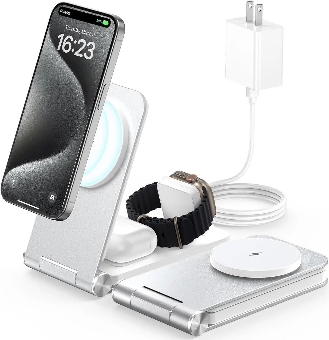 Main image of Facbiny Foldable 3-in-1 Magsafe Charger Stand with 20W Adapter, Aluminium Alloy Magnetic Wireless Charging Station for iPhone 15/14/13/12 Series, Apple Watch 2 to 9/Ultra/SE, AirPods (Silver)