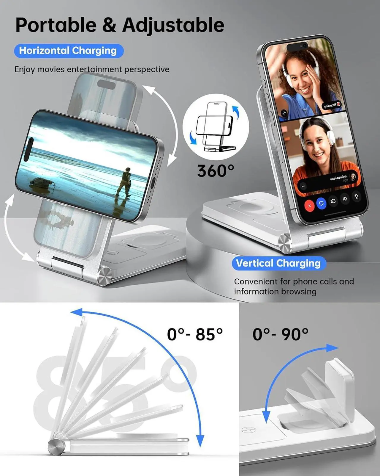 Alt view image 2 of 7 - Facbiny Foldable 3-in-1 Magsafe Charger Stand with 20W Adapter, Aluminium Alloy Magnetic Wireless Charging Station for iPhone 15/14/13/12 Series, Apple Watch 2 to 9/Ultra/SE, AirPods (Silver)