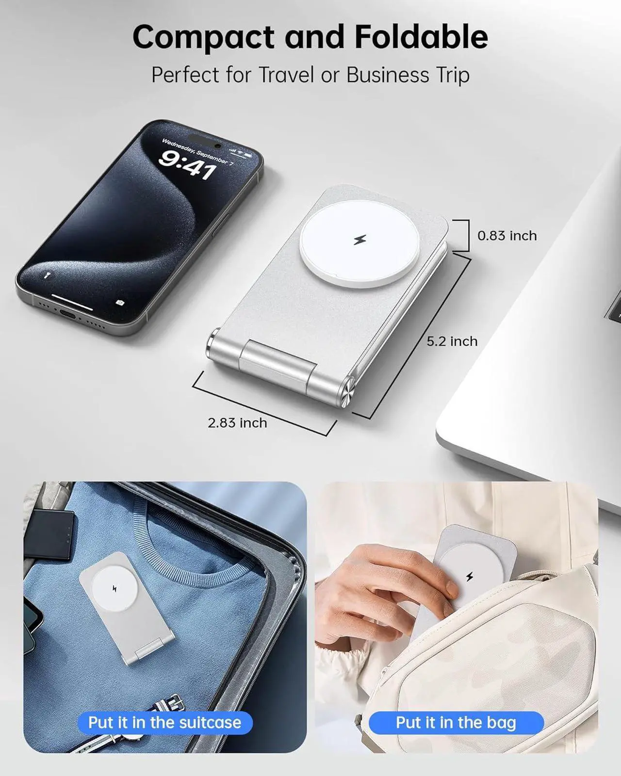 Alt view image 3 of 7 - Facbiny Foldable 3-in-1 Magsafe Charger Stand with 20W Adapter, Aluminium Alloy Magnetic Wireless Charging Station for iPhone 15/14/13/12 Series, Apple Watch 2 to 9/Ultra/SE, AirPods (Silver)