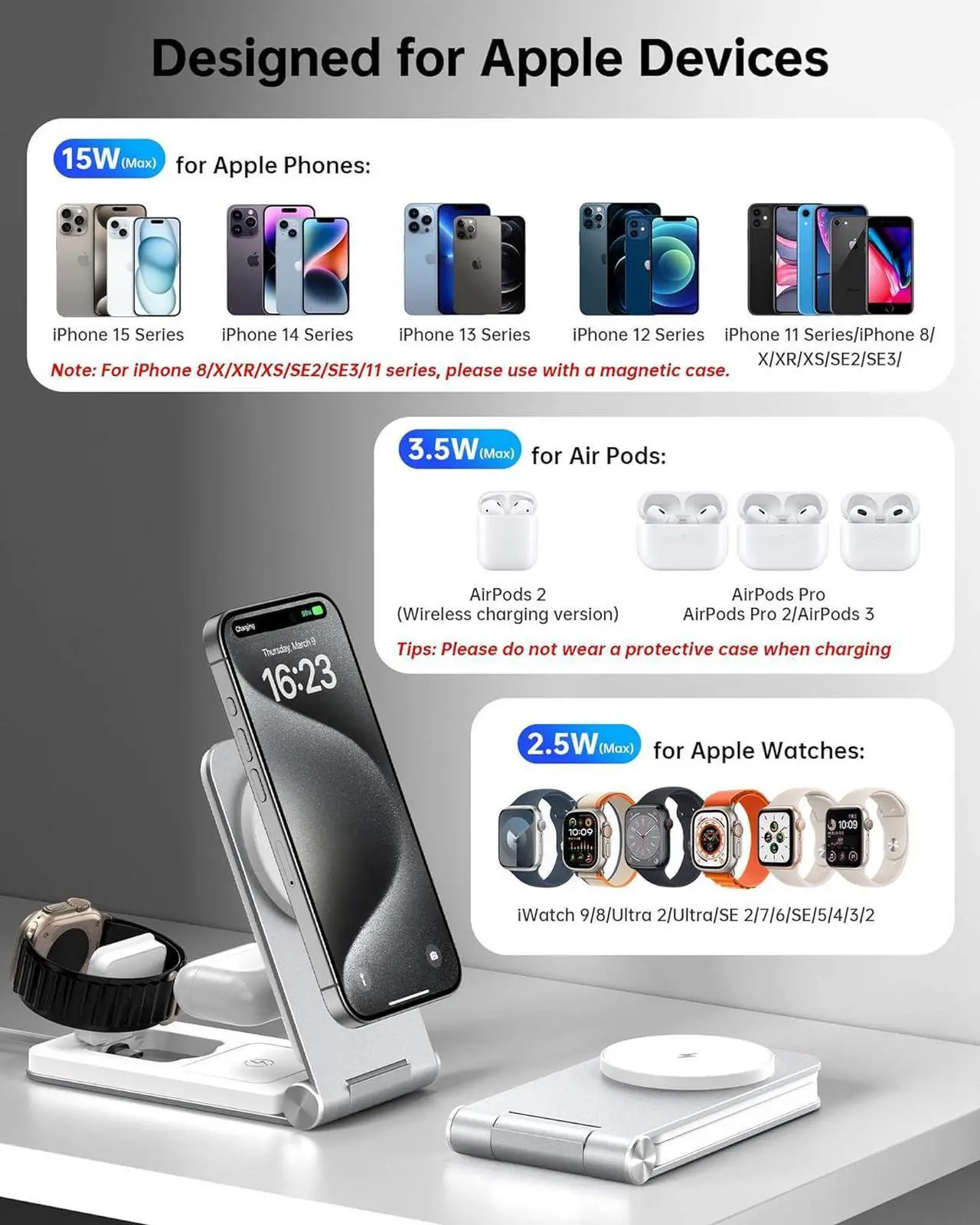Alt view image 6 of 7 - Facbiny Foldable 3-in-1 Magsafe Charger Stand with 20W Adapter, Aluminium Alloy Magnetic Wireless Charging Station for iPhone 15/14/13/12 Series, Apple Watch 2 to 9/Ultra/SE, AirPods (Silver)