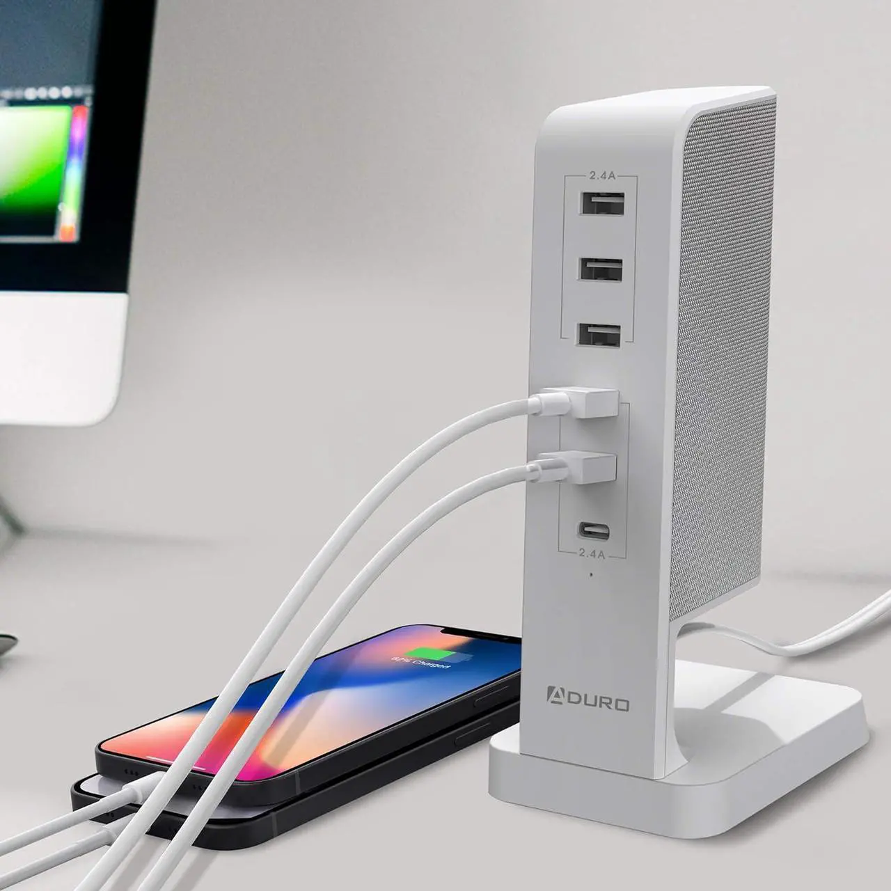 Alt view image 2 of 5 - Aduro USB Charging Station for Multiple Devices [PowerUp Flair] Desktop Fast Charger 6-Port USB Hub for iPhone iPad Tablets Smartphones White/Grey