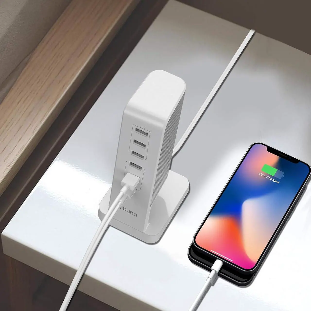 Alt view image 3 of 5 - Aduro USB Charging Station for Multiple Devices [PowerUp Flair] Desktop Fast Charger 6-Port USB Hub for iPhone iPad Tablets Smartphones White/Grey