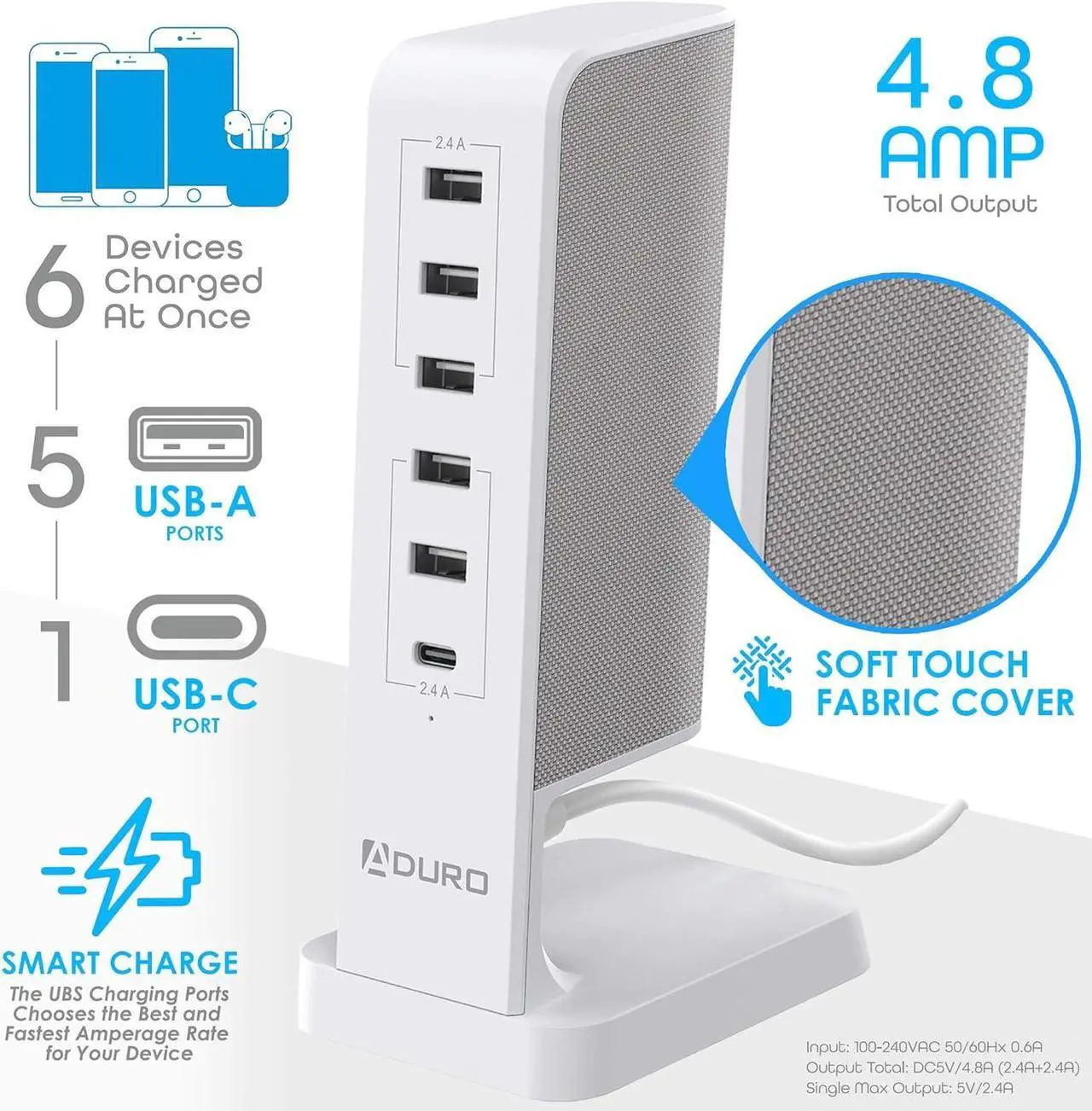 Alt view image 4 of 5 - Aduro USB Charging Station for Multiple Devices [PowerUp Flair] Desktop Fast Charger 6-Port USB Hub for iPhone iPad Tablets Smartphones White/Grey