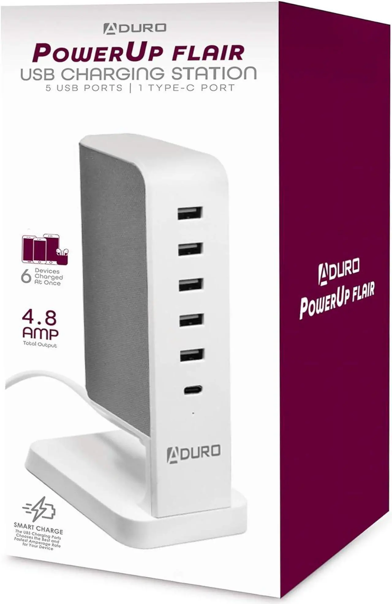 Alt view image 5 of 5 - Aduro USB Charging Station for Multiple Devices [PowerUp Flair] Desktop Fast Charger 6-Port USB Hub for iPhone iPad Tablets Smartphones White/Grey