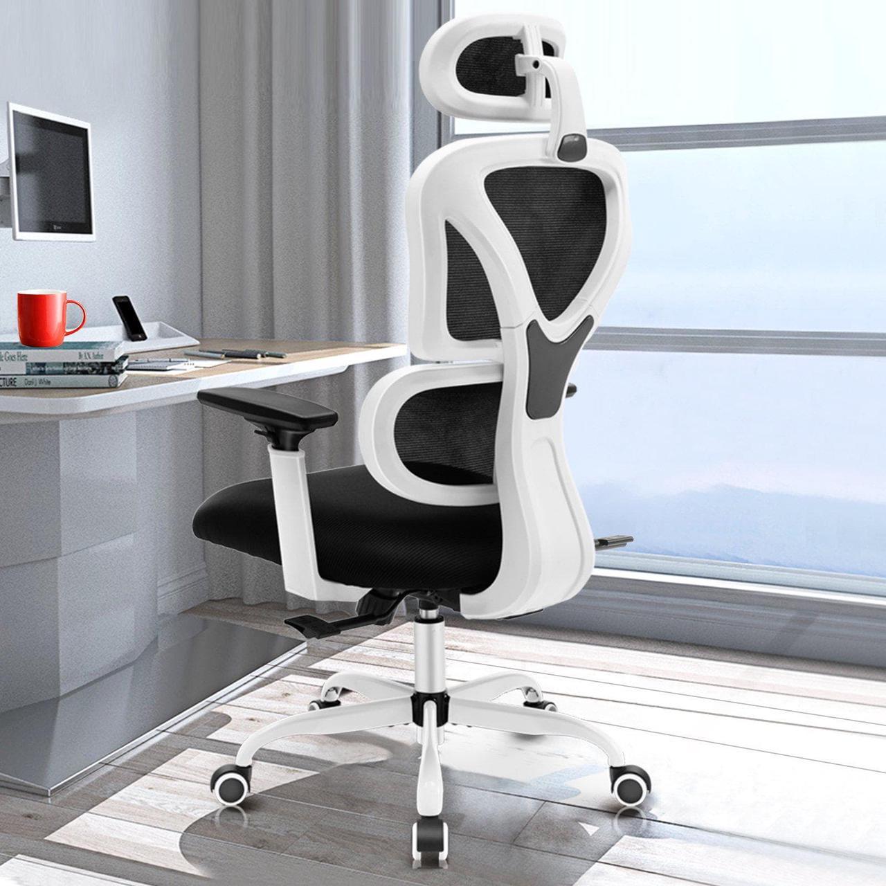 Primy Ergonomic Office Chair, Ergo 3D Computer Chair Breathable Mesh Desk Chair with Lumbar Support, High Back Gaming Chair with Adjustable Headrest and Armrests for Conference Room (White)