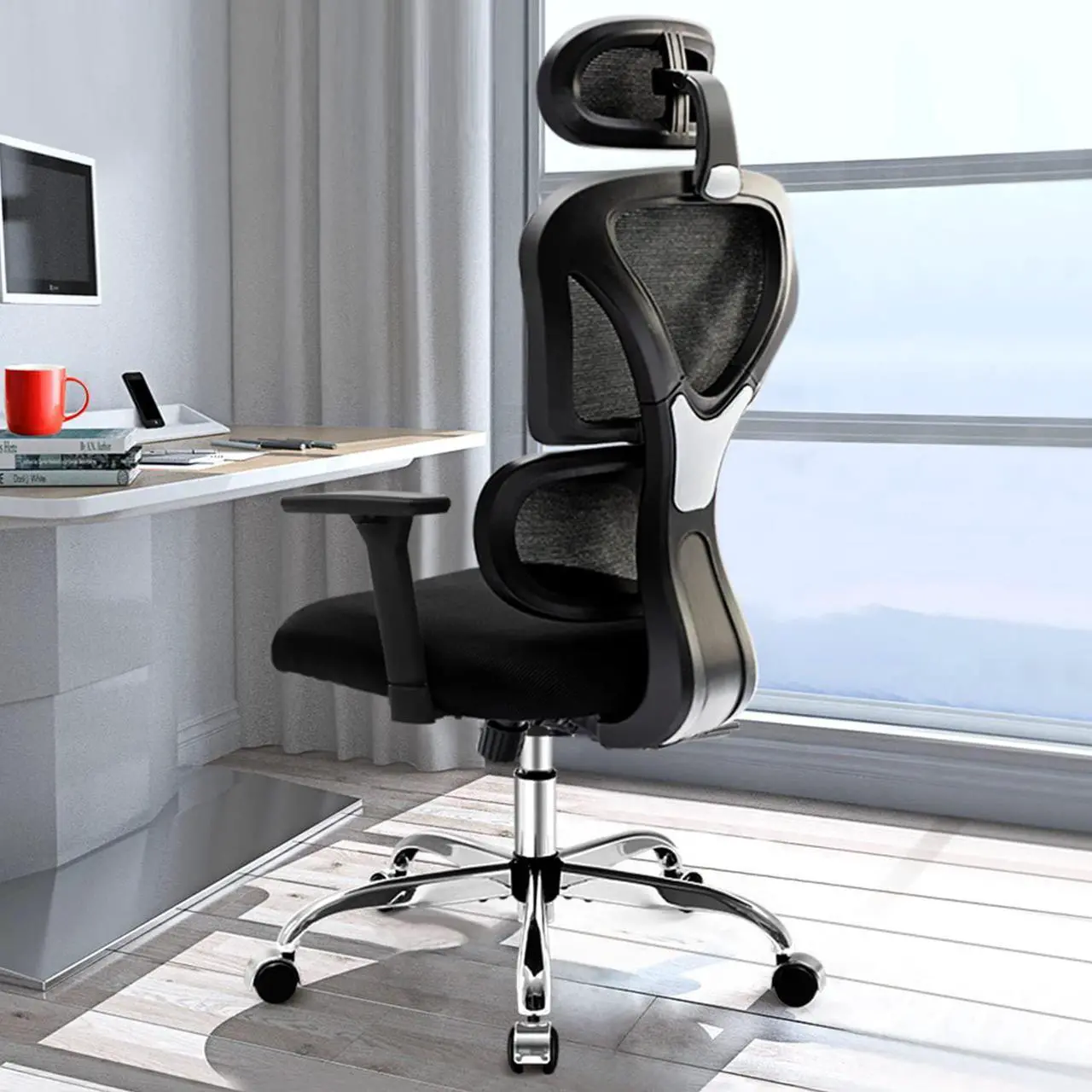 Main image of Primy Ergonomic Office Chair, Ergo 3D Computer Chair Breathable Mesh Desk Chair with Lumbar Support, High Back Gaming Chair with Adjustable Headrest and Armrests for Conference Room (Black/Silver)